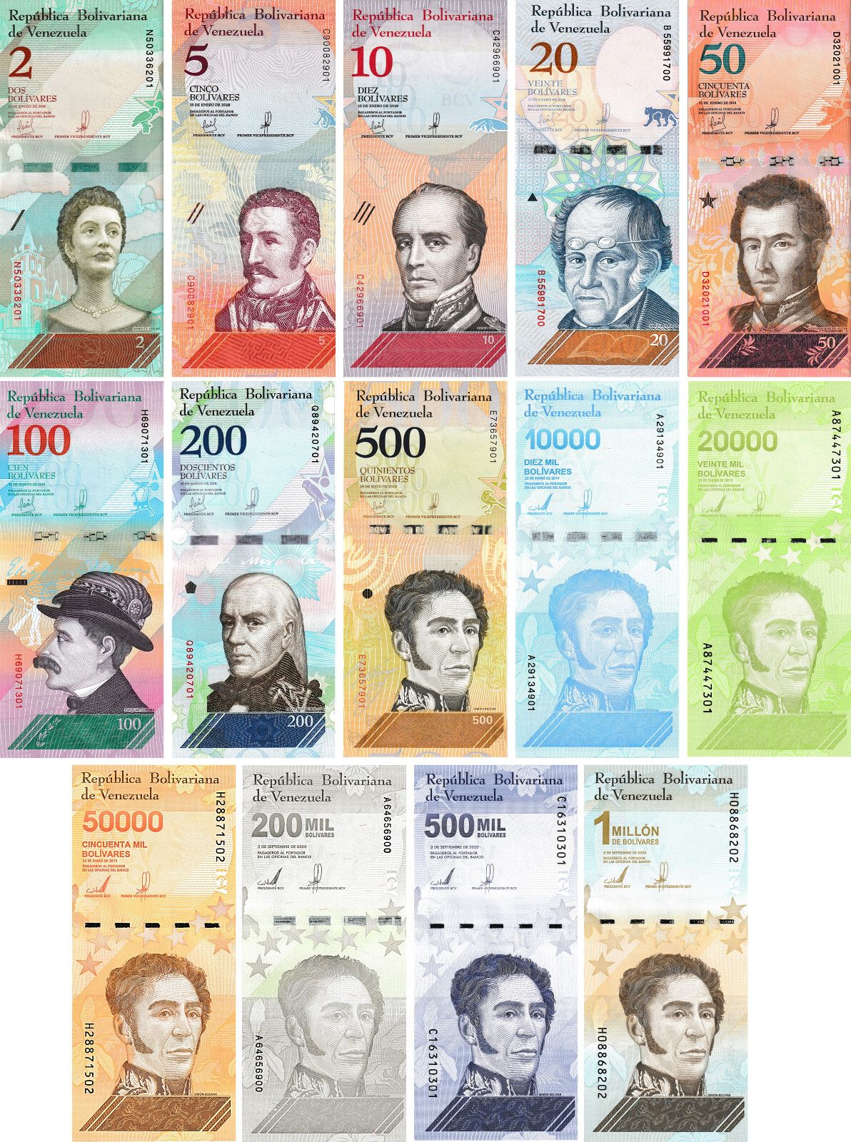 Venezuela Set Bolivares Soberano Complete 14 Note Set, Uncirculated