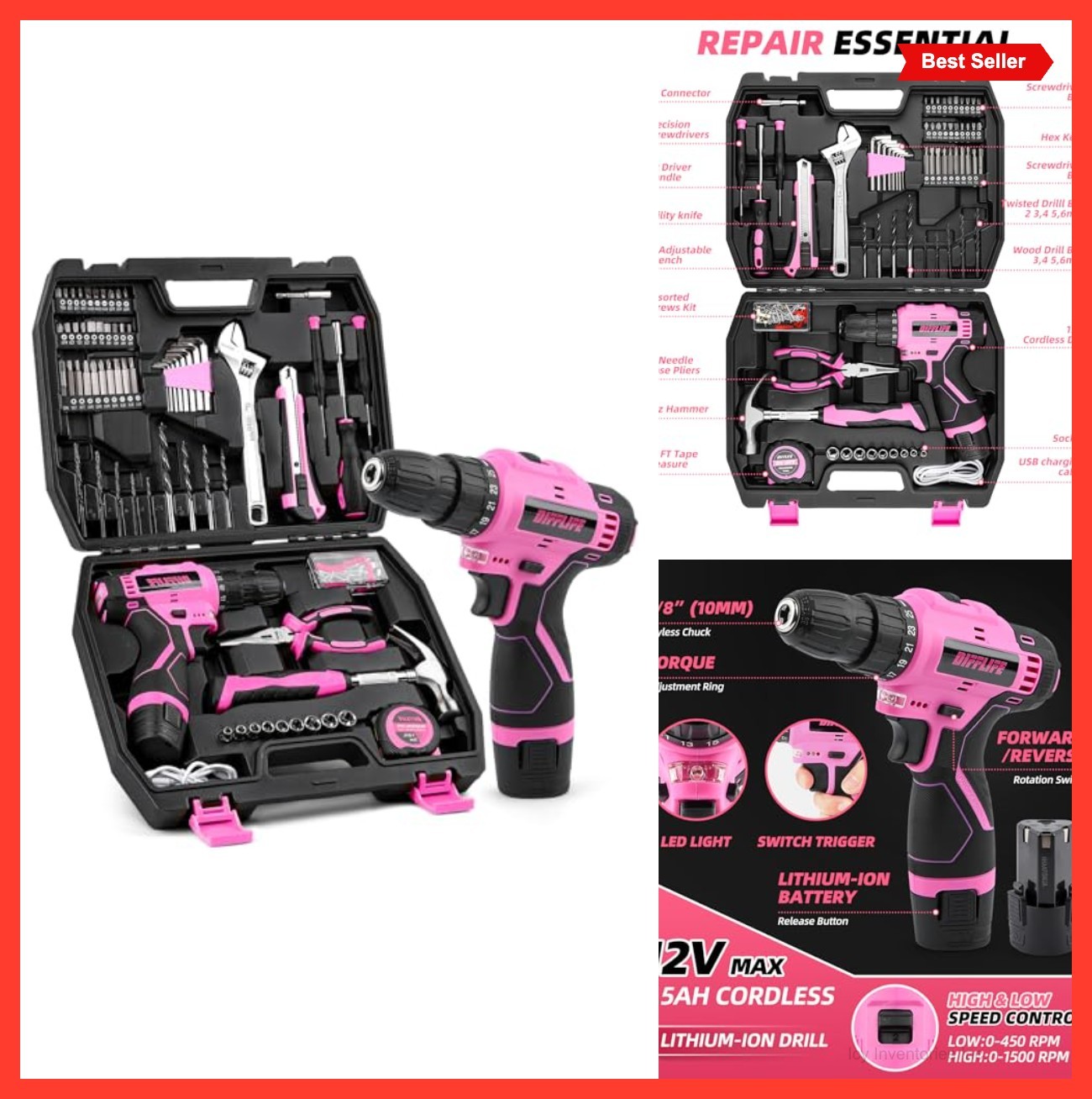 147 Piece Pink Cordless Drill Driver Tool Set 12V Power Kit Home DIY