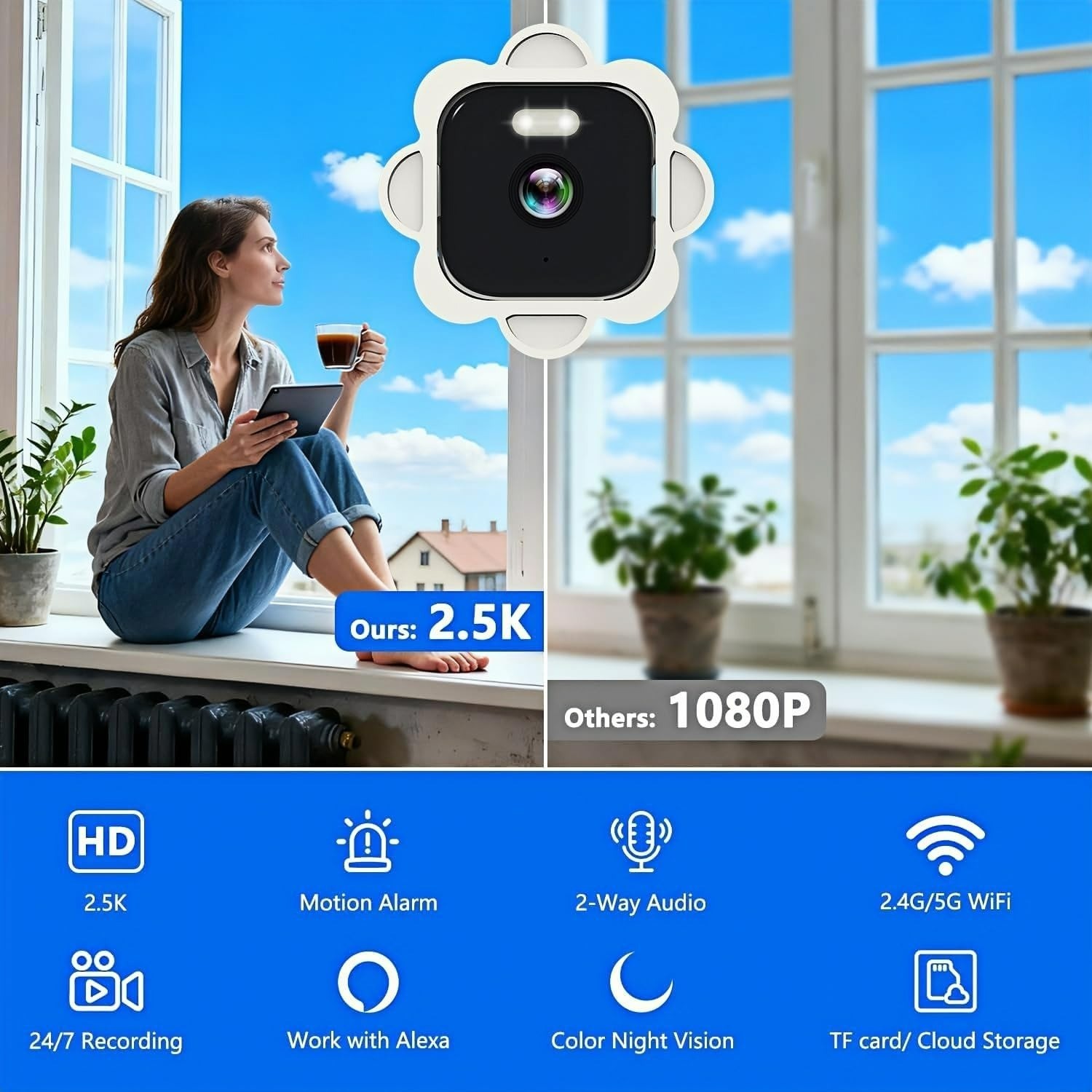 Tutoview 2.5K Window Security Camera with Night Vision & 2-Way Audio