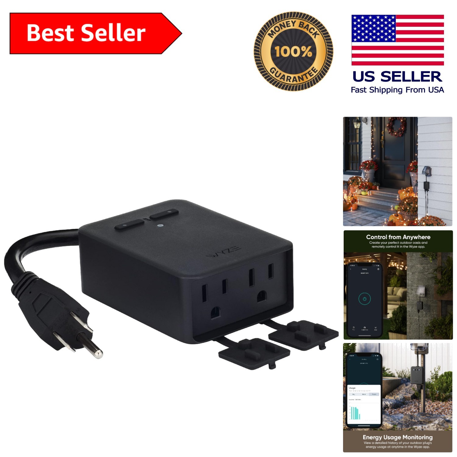 Rated Smart Outdoor Plug with Dual Outlets & Energy Monitoring - Black