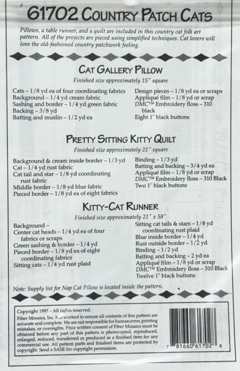 Fiber Mosaics Quilt Pattern Country Patch Cats 61702 Quilt, Table Runner, Pillow