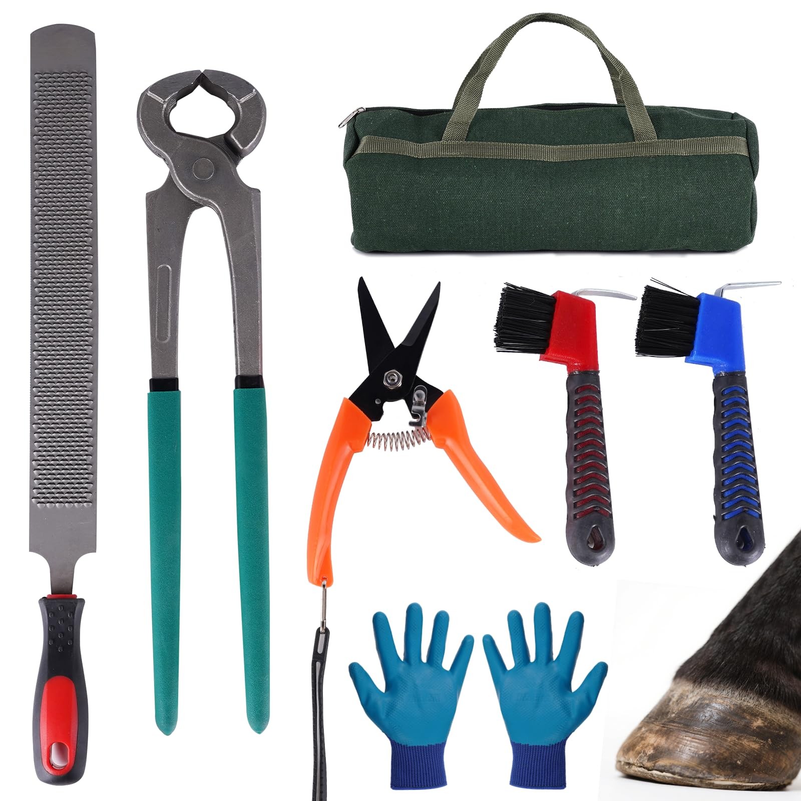 14-inchHorse Farrier Tool Kit - 7pcs, Carbon Steel Hoof Nipper, Rasp File, Ho...