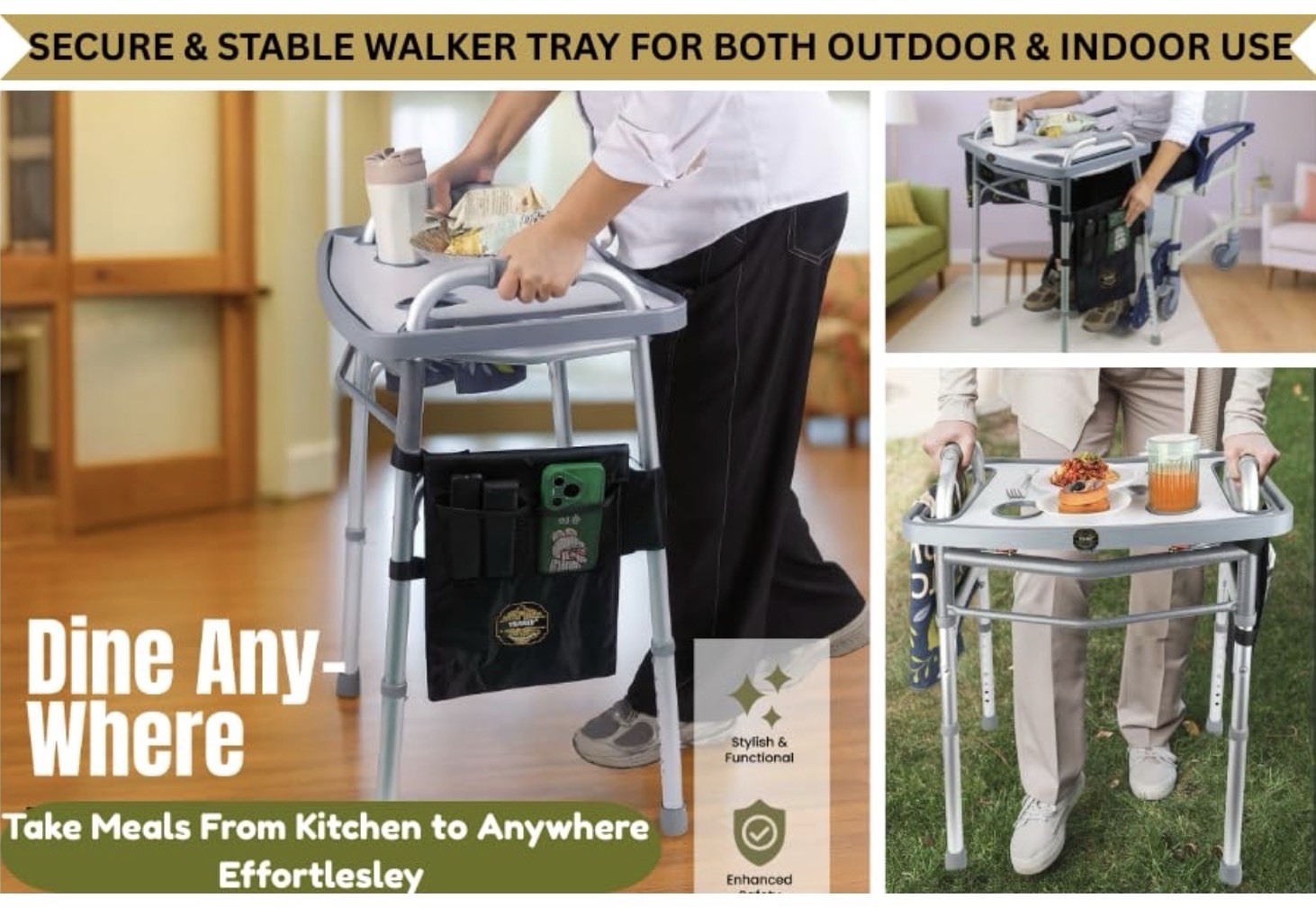 Pearze®️ Walker Tray for Rolling Folding Walker with Cup Holders ~ Nonslip Mat