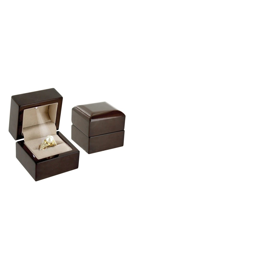 2 LED High Veneer Wooden Ring Box Glossy Kona Finish Tan Faux Suede Interior