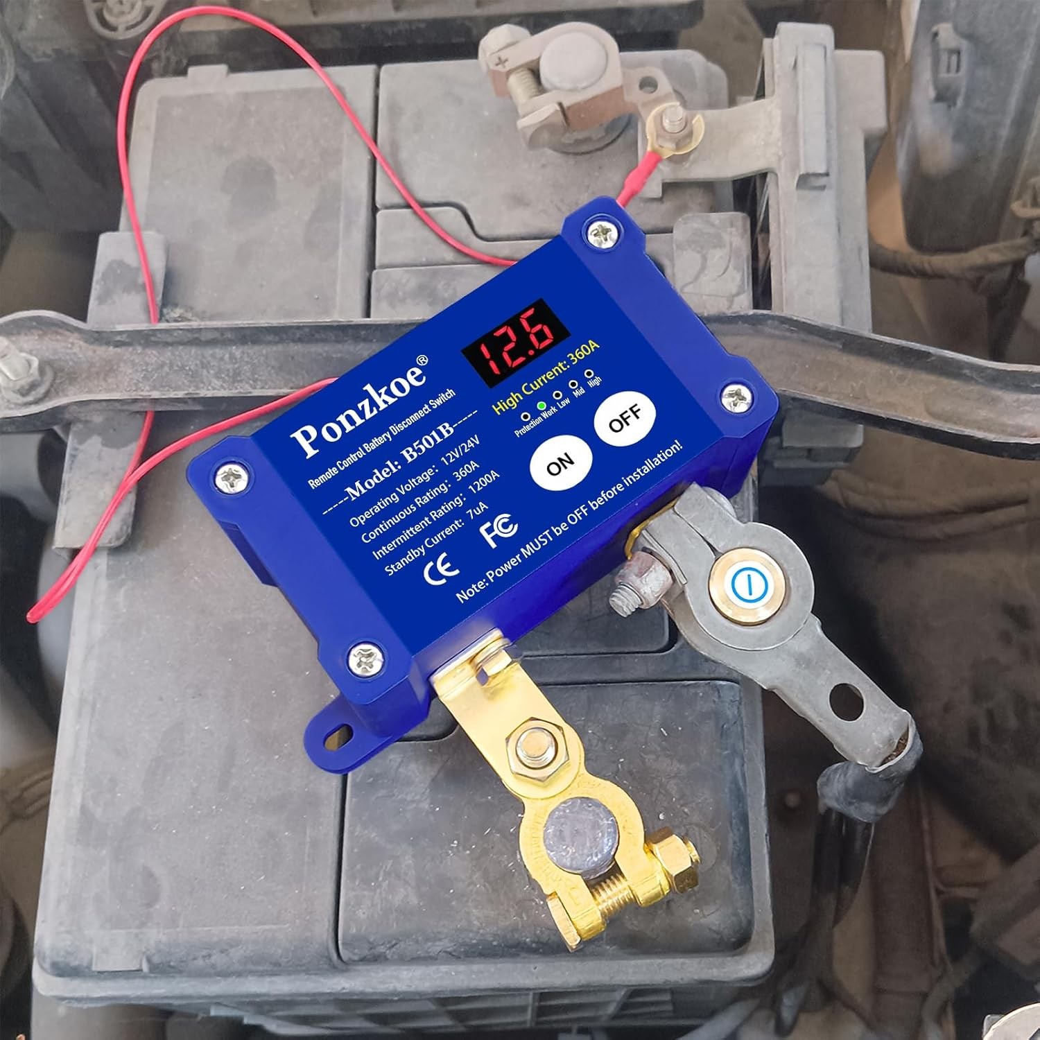 360A Remote Car Battery Disconnect Switch with LED Voltage Display - 12V Blue