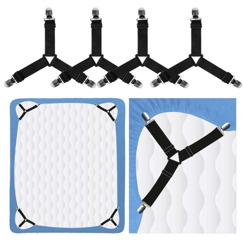 4pcs Triangle elastic bed sheet straps with clips - adjustable mattress gripper