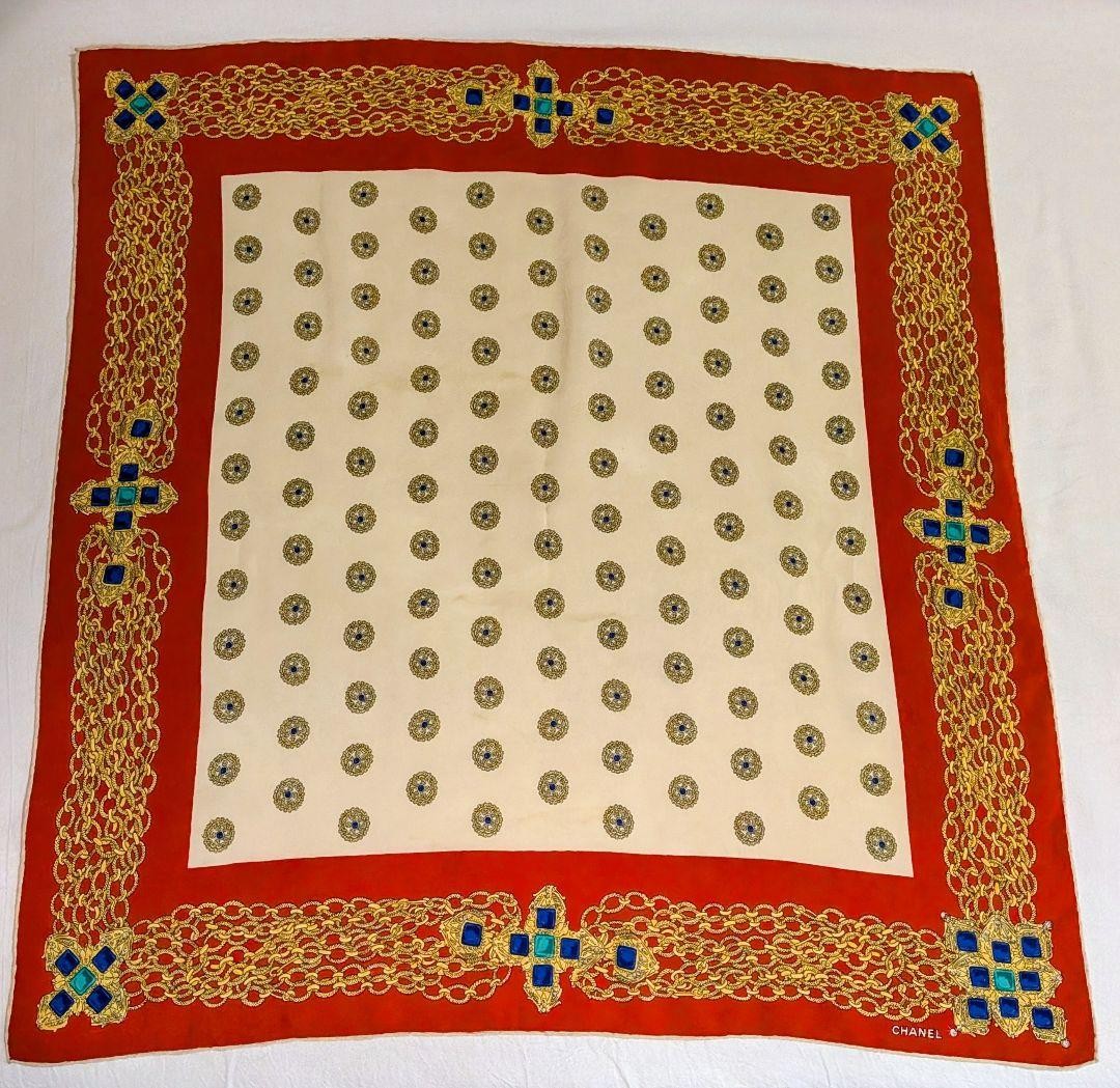 CHANEL Silk Scarf Red Ivory 85 x 81cm