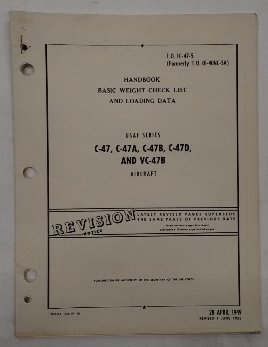 Douglas C-47/A/-B/-D/VC-47B Aircraft Basic Weight Checklist & Loading Data-Orig.