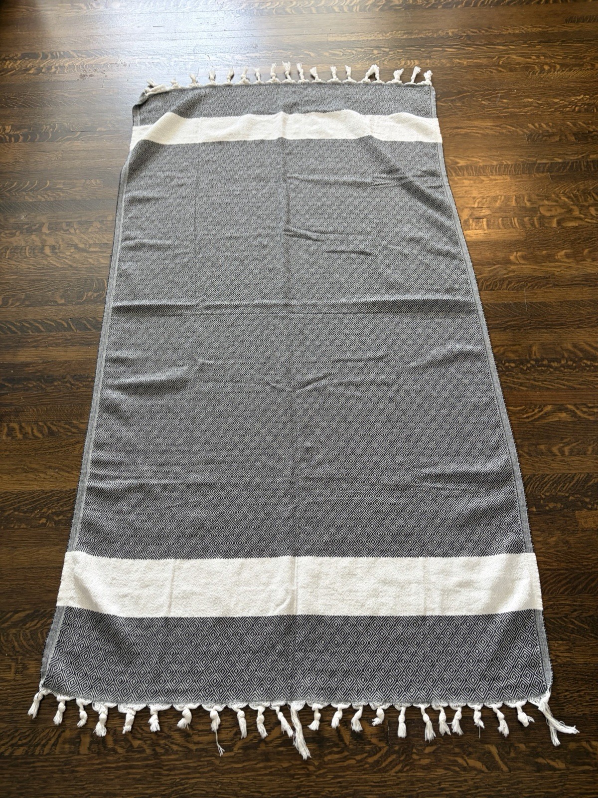 Soft Throw Blanket With Fringe, Black & Cream Diamond Design, Size 35x62