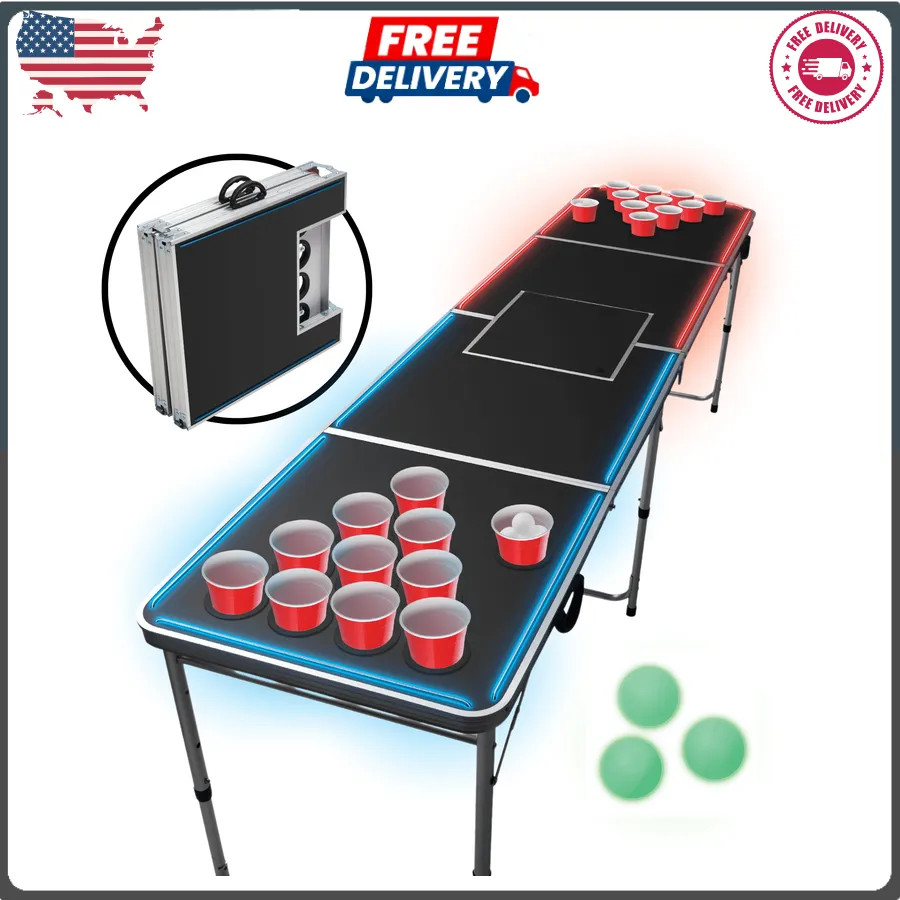 MinnARK 8ft Portable Folding LED Beer Pong Table Outdoor Party Game Set