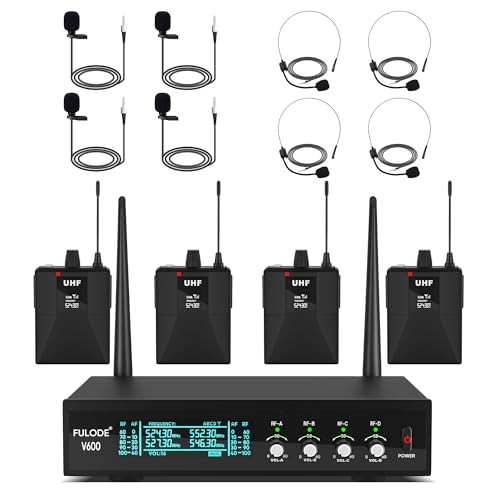 Lapel Microphones 4 Channel UHF Wireless Microphone System with 4 Lavalier 4
