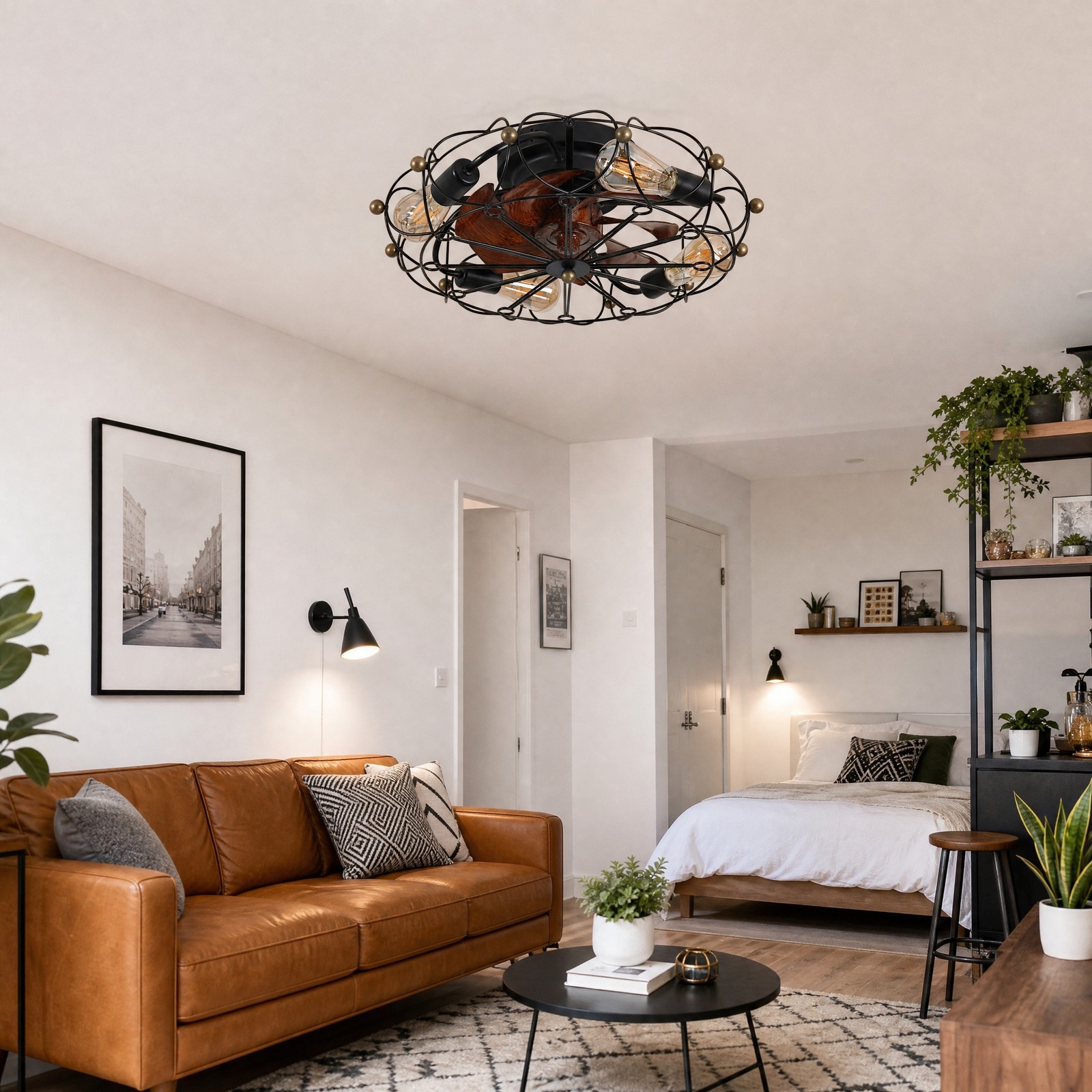20 inch Black Modern Caged LED Ceiling Fan with Light Flush Mount Remote Control