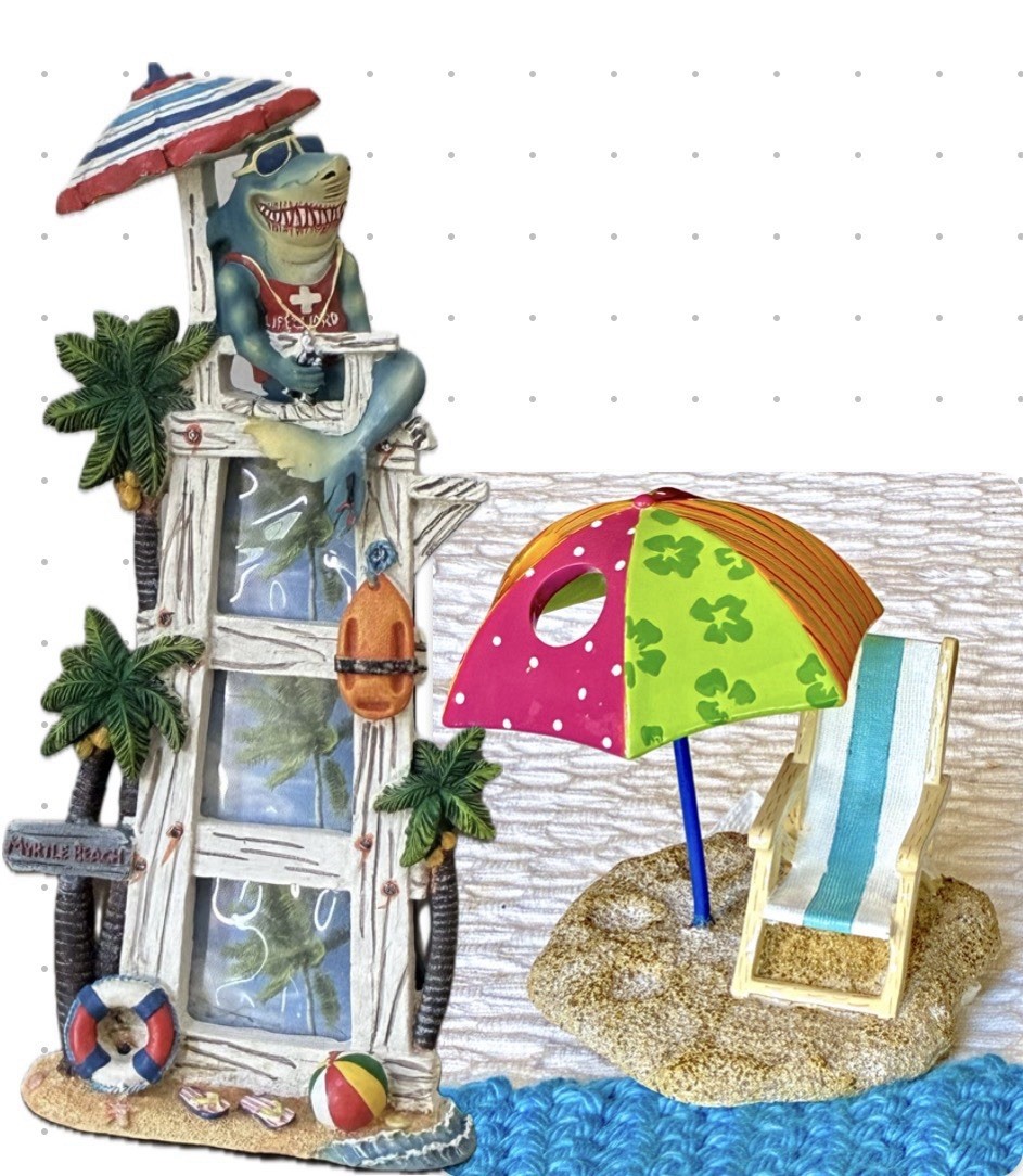 3D Shark Lifeguard Photo Frame & Resin Beach Chair Toothbrush Holder Decor Set
