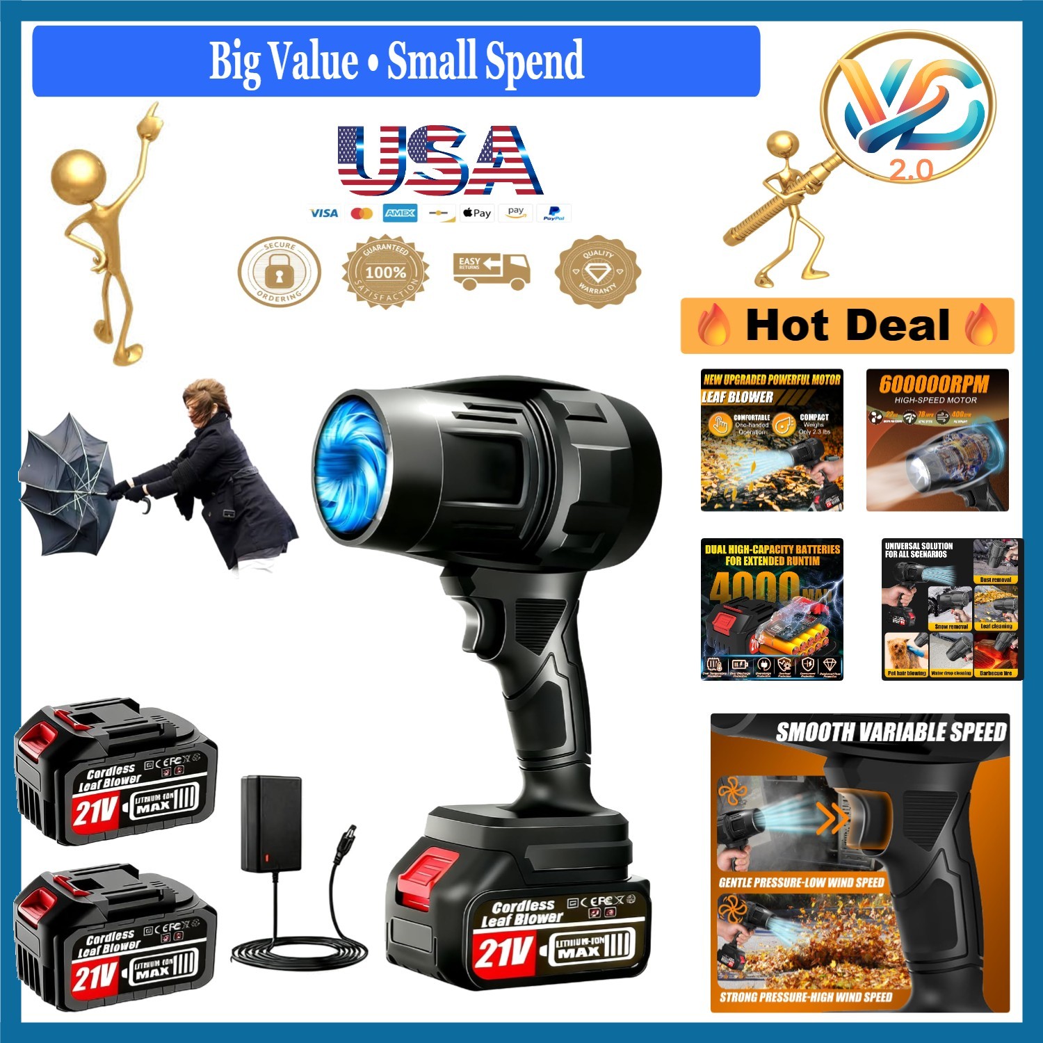 Cordless Leaf Blower 2x4.0Ah Battery Charger Turbo 600,000 RPM Portable