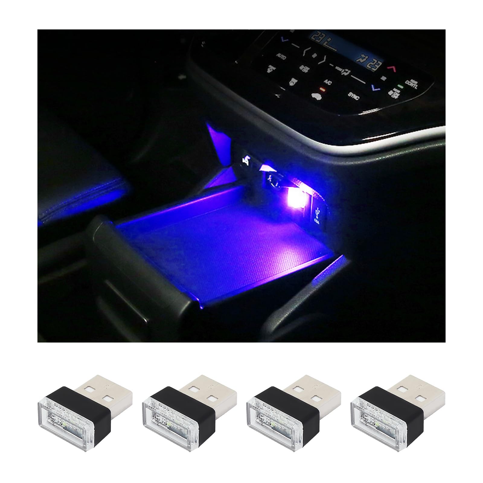 Augeny 4 PCS USB LED Car Interior Atmosphere Lamp, Plug-in Decor Blue