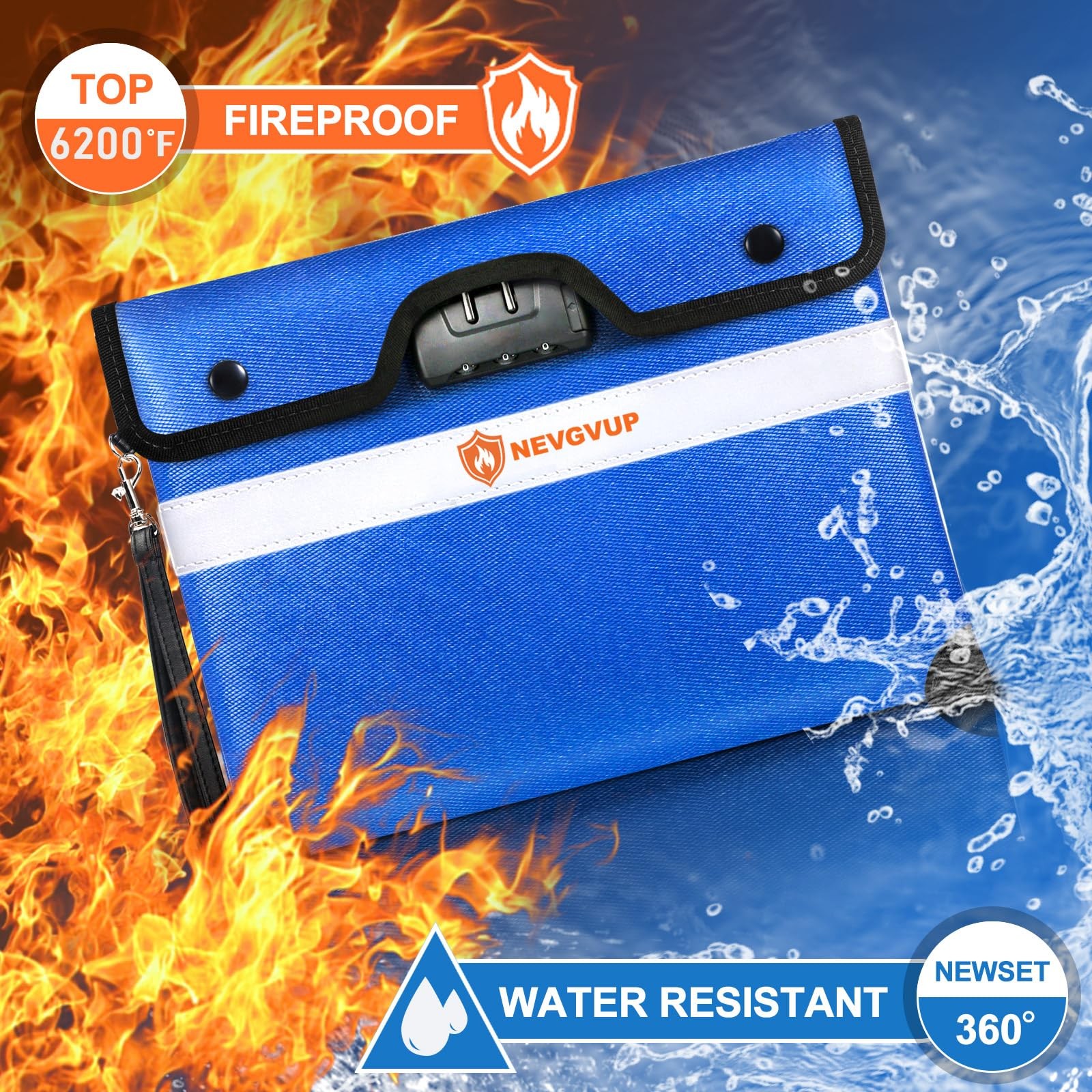 6200F Fireproof Money Bag With Lock A5 Document Zipper Reflective Strip