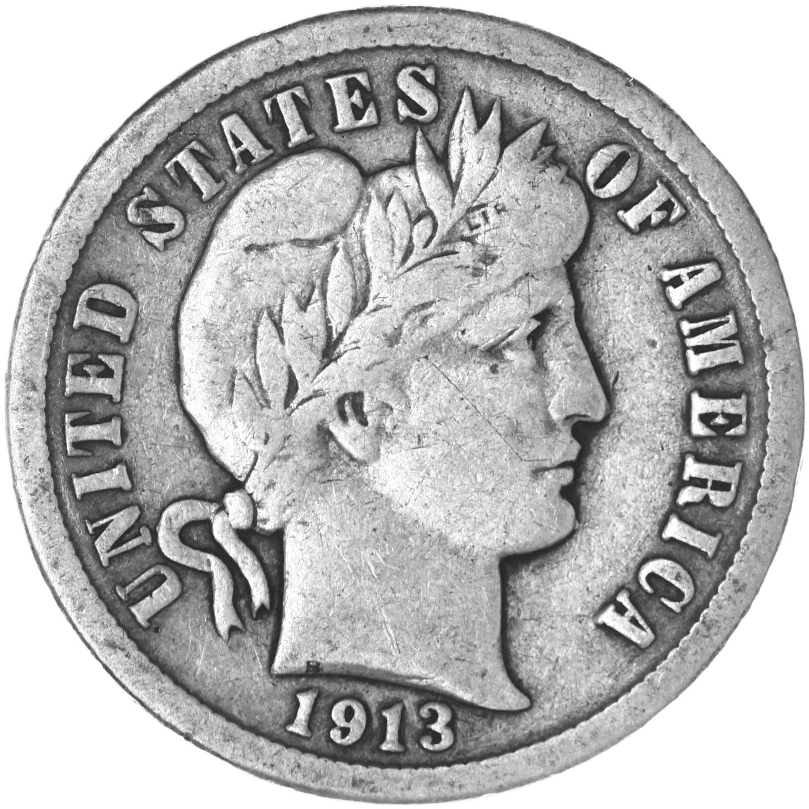 1913 (P) Barber Dime 90% Silver Very Good VG