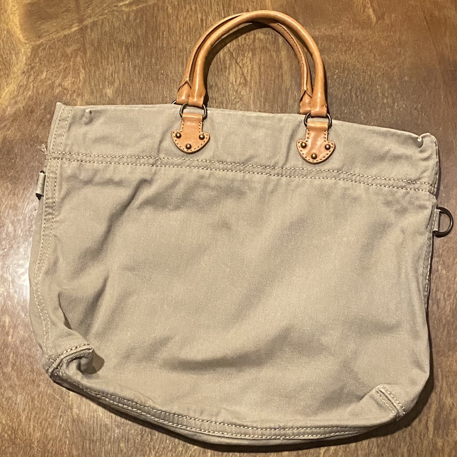 Vintage Y2K GAP Khaki Canvas Tote Bag Leather Handles Utility Satchel Boho Purse