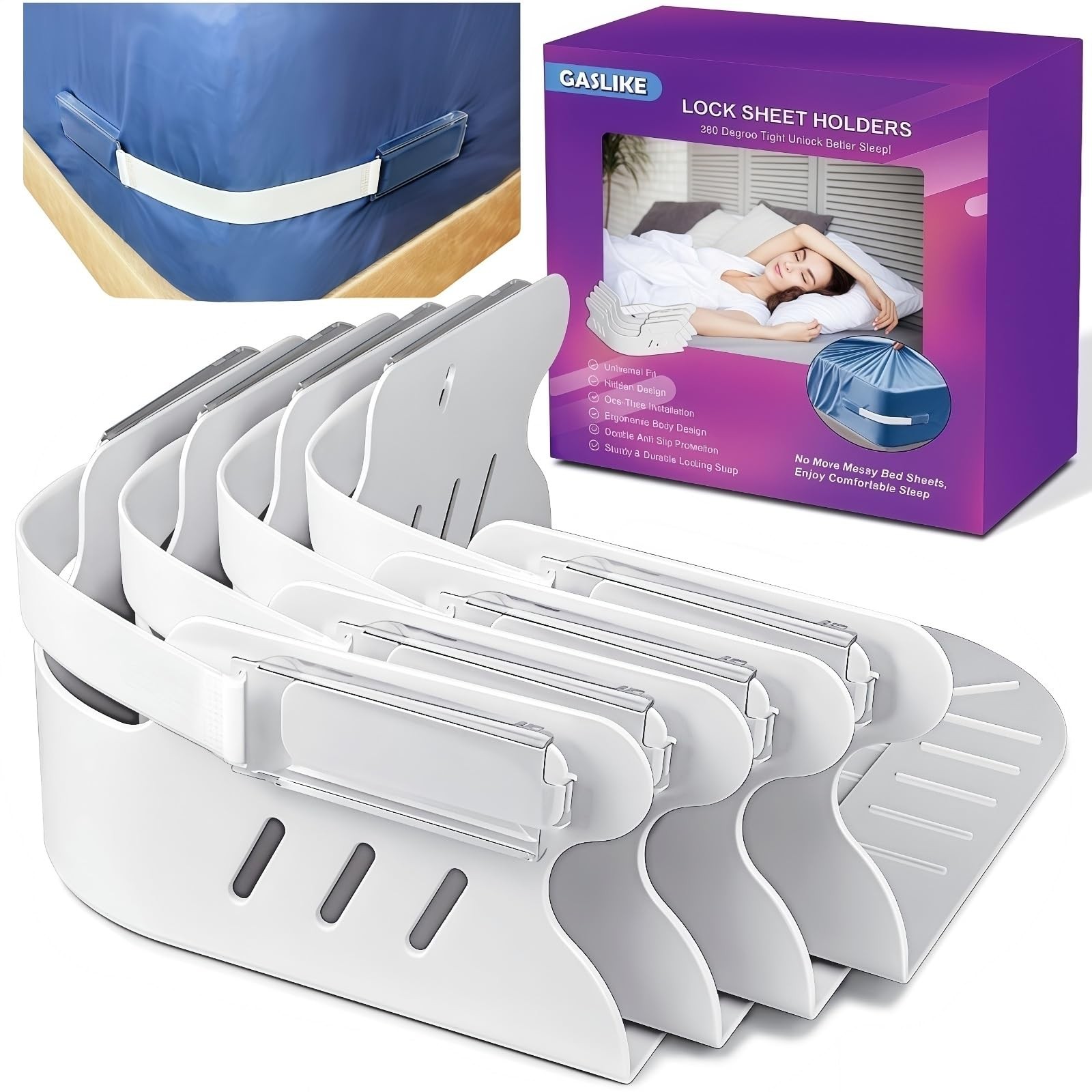 Lock Bed Holders with Anti-Slip Pads for Corners, 4Pcs Secure Bed Sheets Firm...