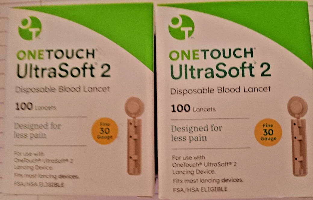 One Touch UltraSoft 2 Lancets (30 Gauge) 100 Count (2 boxes-200 total) Exp 2030