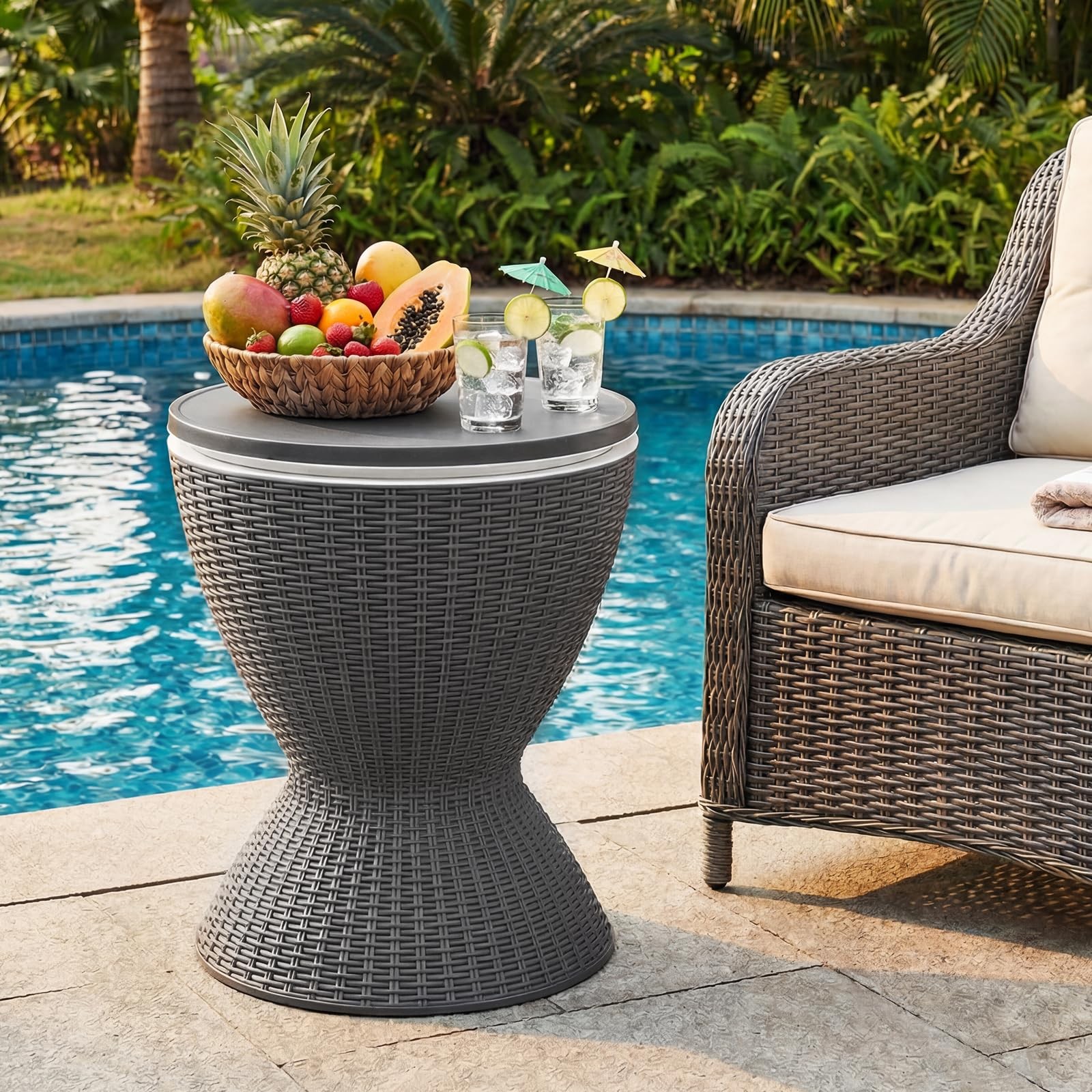 Outdoor Cooler Table, Multi-Functional Cooler Bar Table, Adjustable Height Ic...