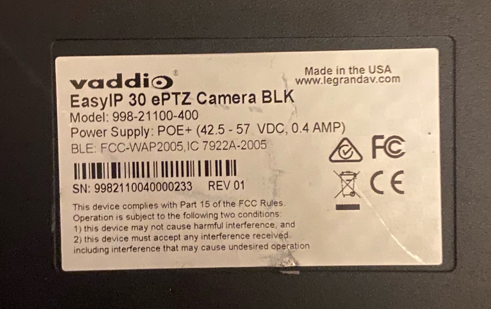 Vaddio Easyip 30 Camera and Vaddio EasyIp mixer