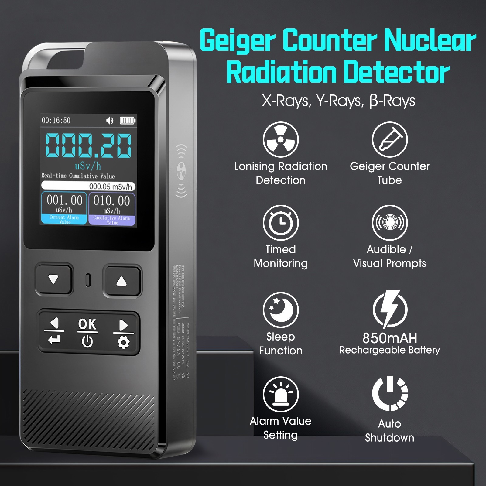 Geiger counter radiation detector dosimeter for γ X-rays with alarm IPS display
