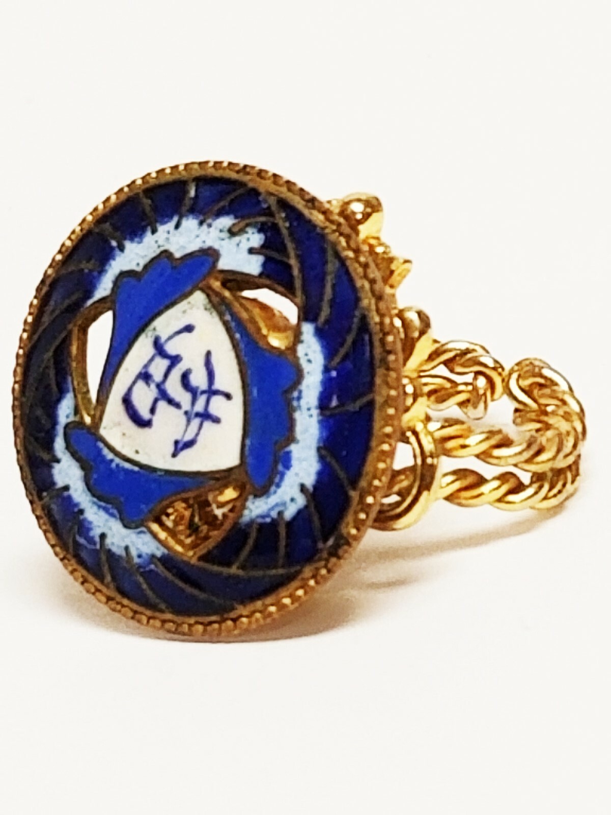 Vintage Chinese Symbol Enamel Openwork Button Upcycled Adjustable Ring