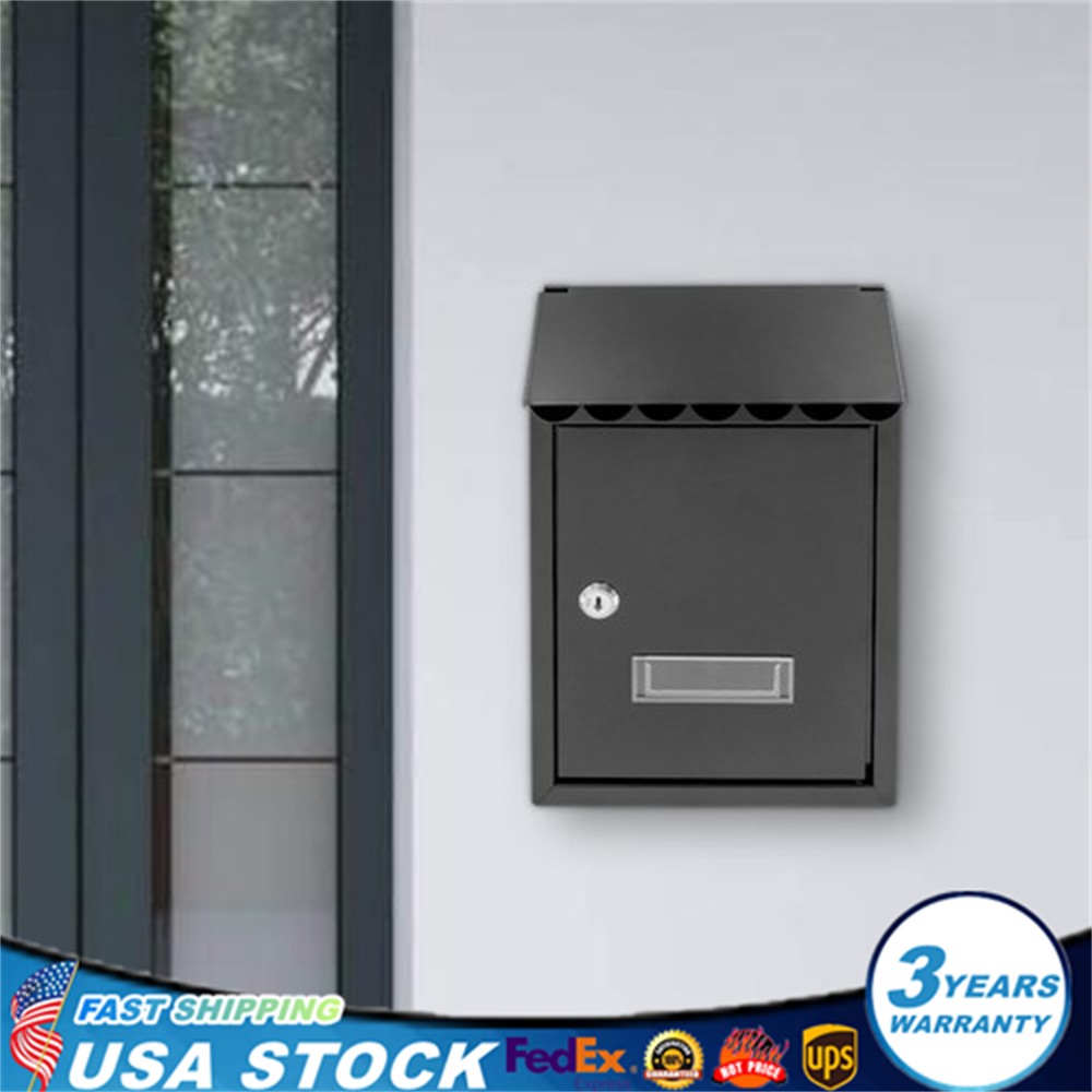 Wall Mount Rectangular Locking Mailbox W/ 2 Keys Black Residential Mail Box