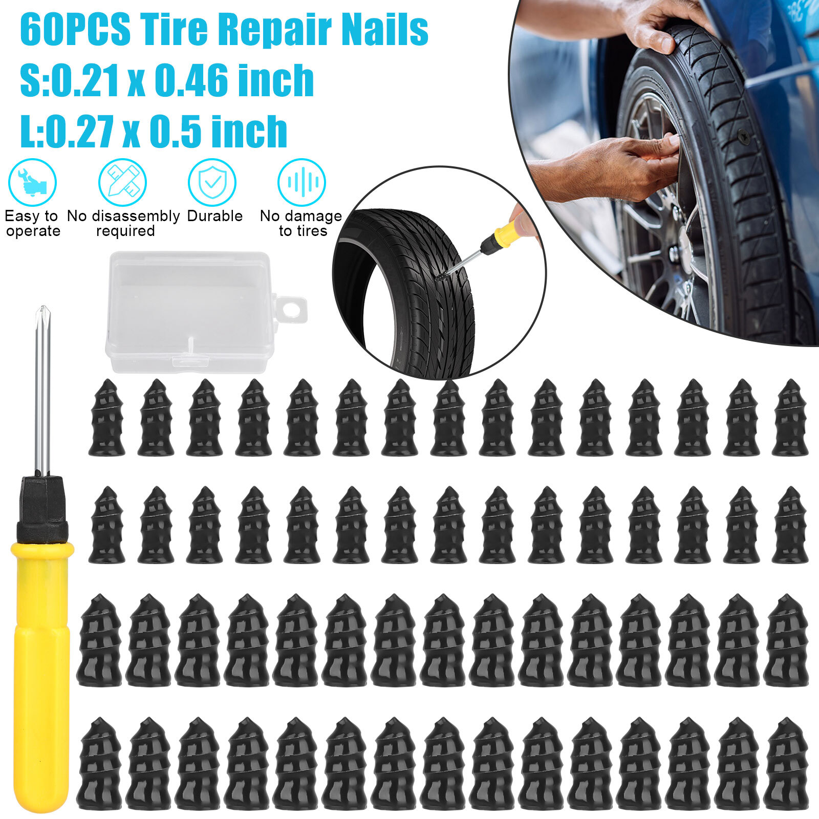 60X Tire Vacuum Repair Screw Rubber Nail Plug Car Tyre Puncture Repair Kit US