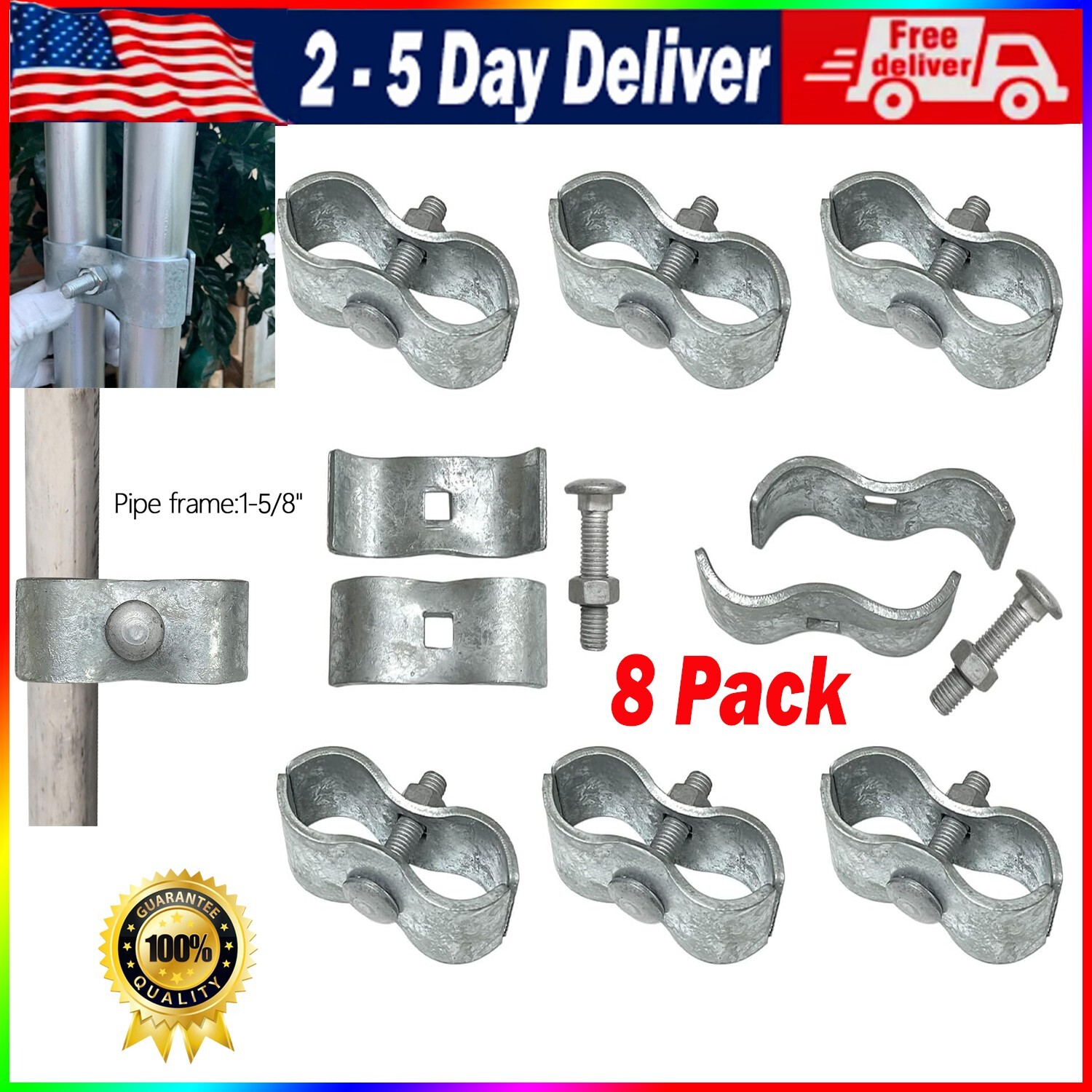 8 Set 1-5/8" Galvanized Steel Saddle & Kennel Clamps for Pipe Panel Frames