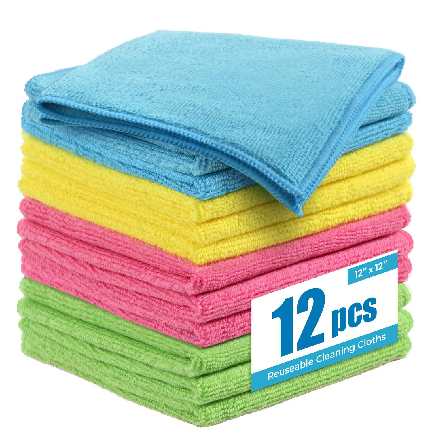 12 Pack Microfiber Cleaning Cloth 12x12 Lint Free Streak Free Absorbent Towels