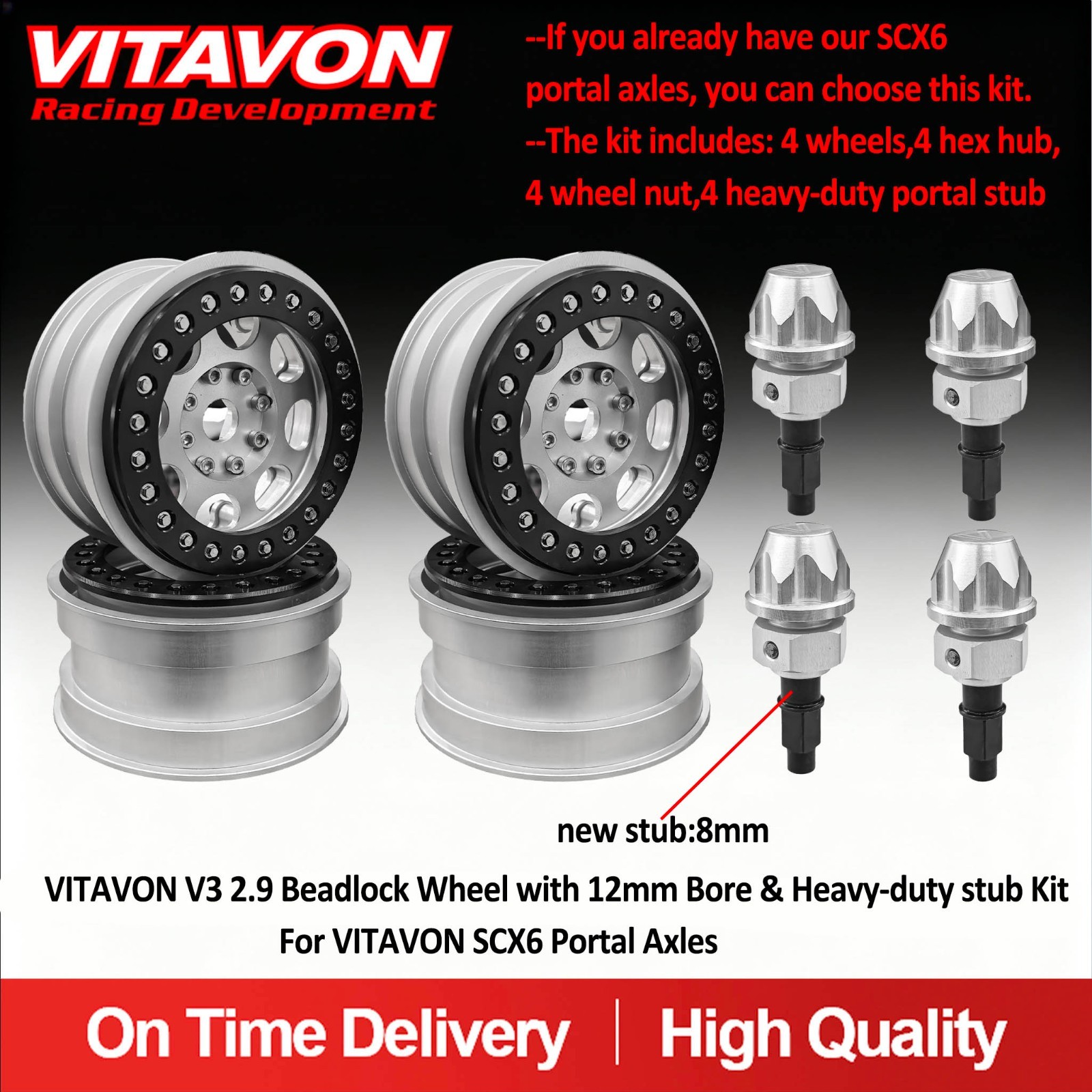 VITAVON 2.9 Tire/wheels 12mm Bore & 8mm Heavy Duty Stub For VITAVON Portal Axle