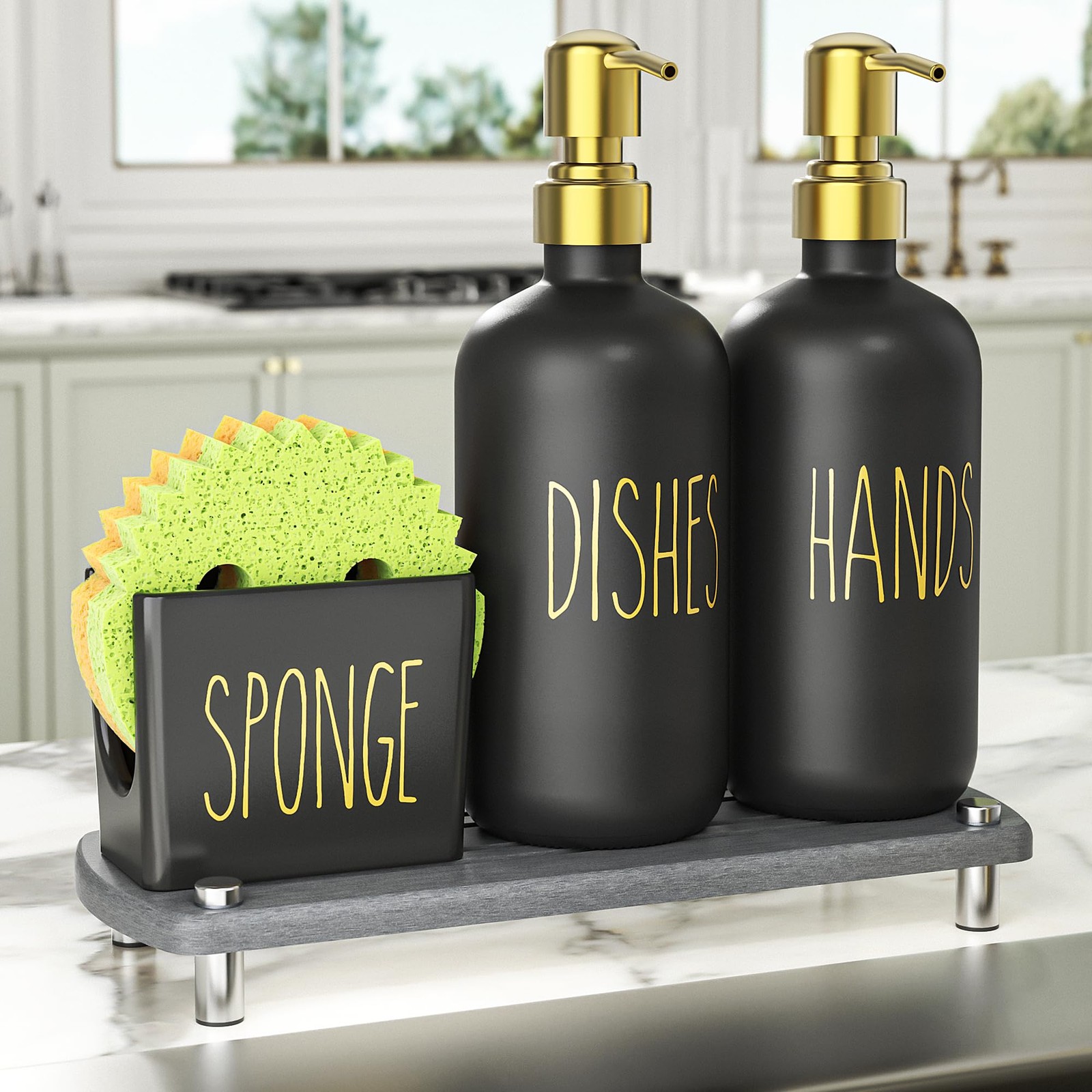 Kitchen Soap Dispenser Set Comes with Ceramics Sponge Holder, Gold Pumps, and...