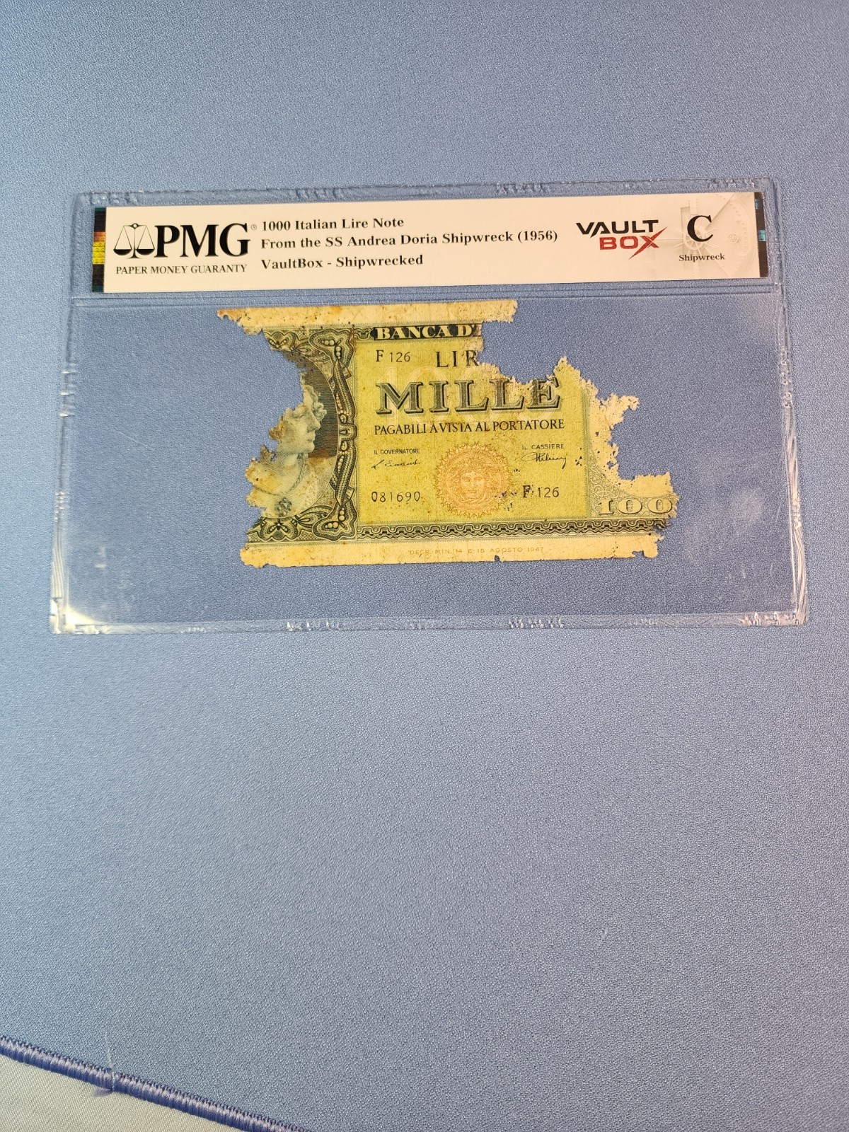 Vault Box 1000 Italian Lira Note PMG SS Andrea Doria Shipwreck “C” 1956 RARE