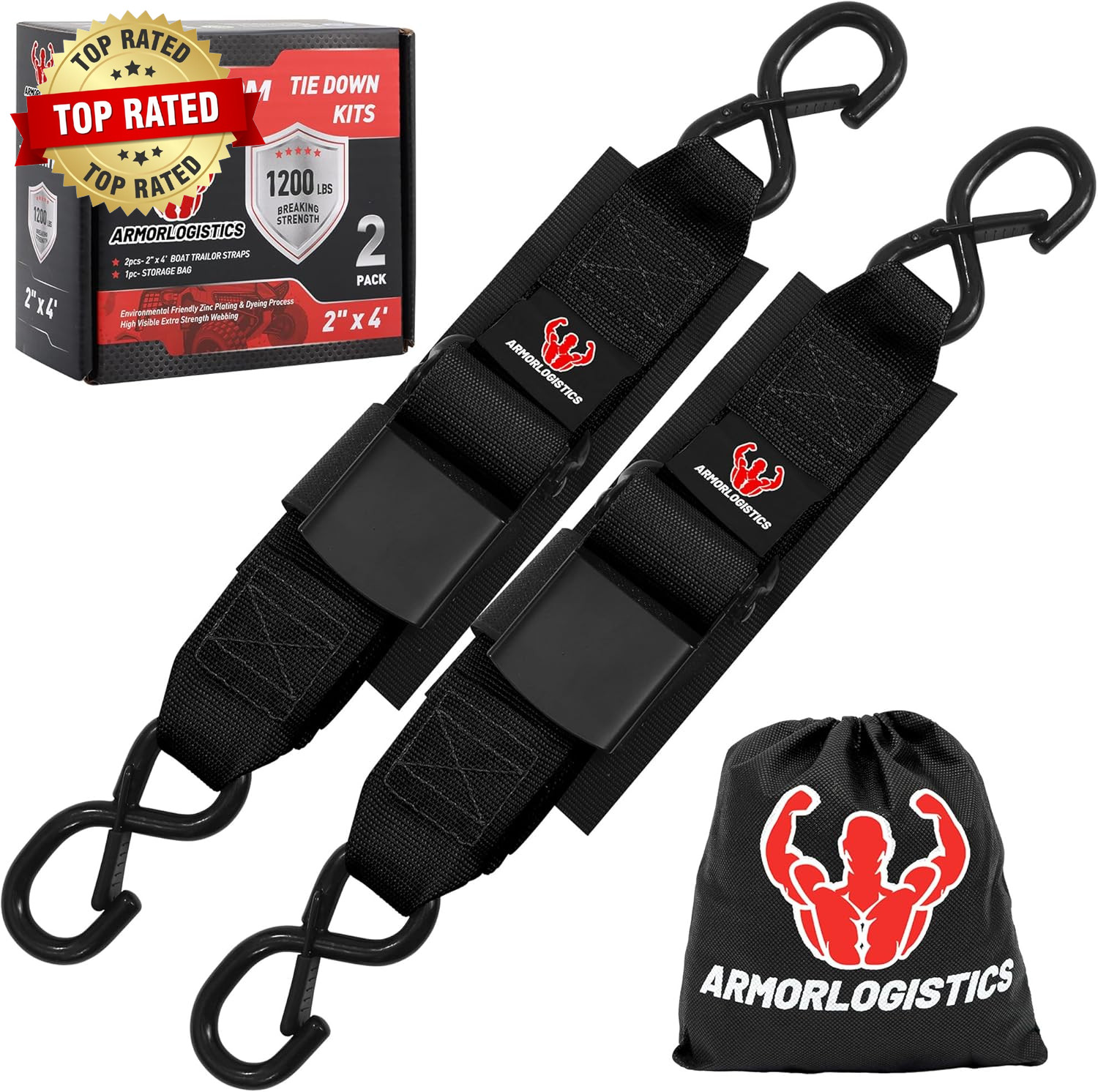 Boat Tie down Straps to Trailer 2-Pack, 2" X 48" Adjustable Boat Transom Straps,