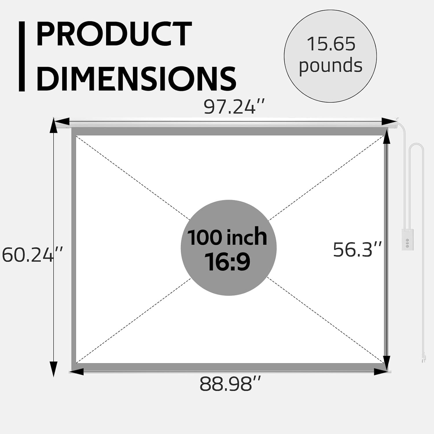 Projector Screen Motorized 100" 16:9, 4K 3D HD Electric Projector Screen Wall Mo