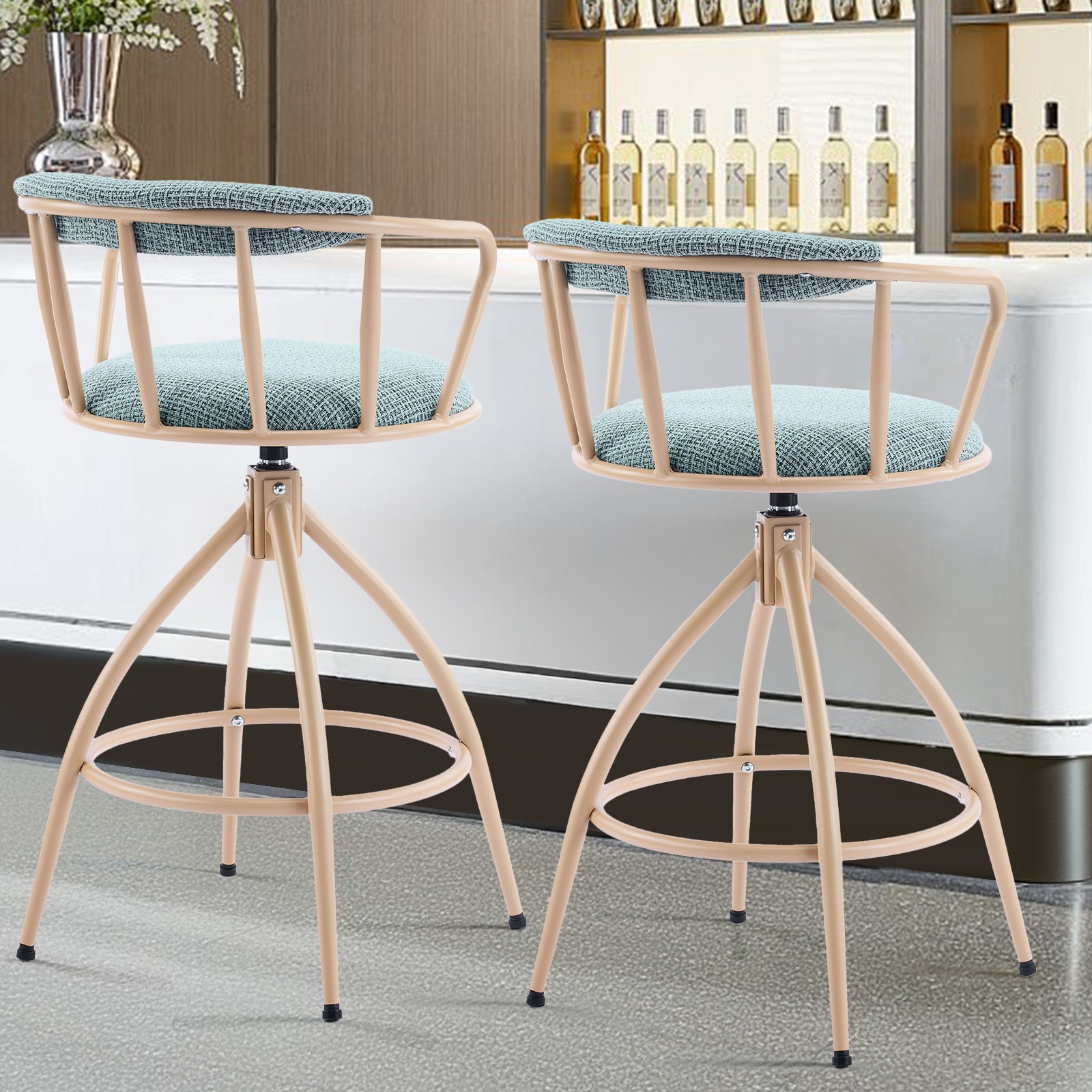 2 Pcs Blue Chenille Swivel Bar Stools with Khaki Powder-Coated Metal Legs