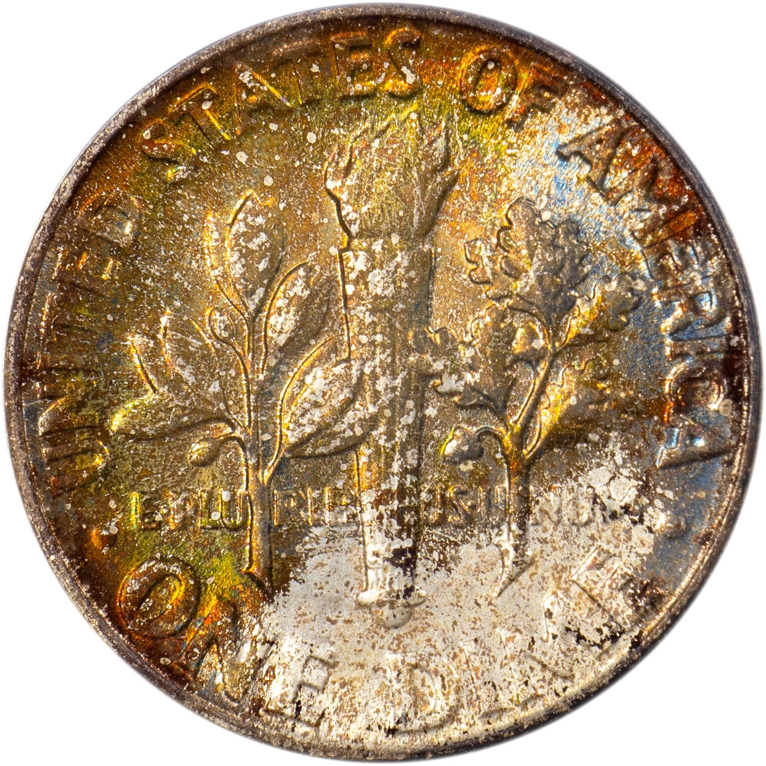 1952 Roosevelt Dime - Monster Rainbow Toned Reverse - Original Mint Set GEM!