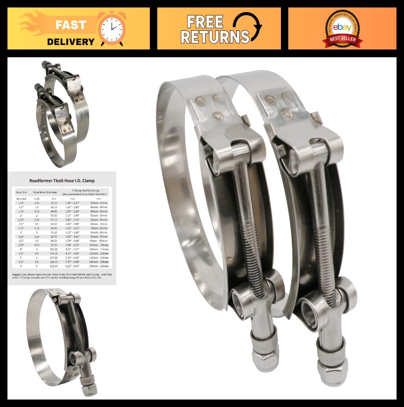 4" Stainless Steel T-Bolt Hose Clamp 108mm-116mm, 2 Pack - Reliable Sealing Forc