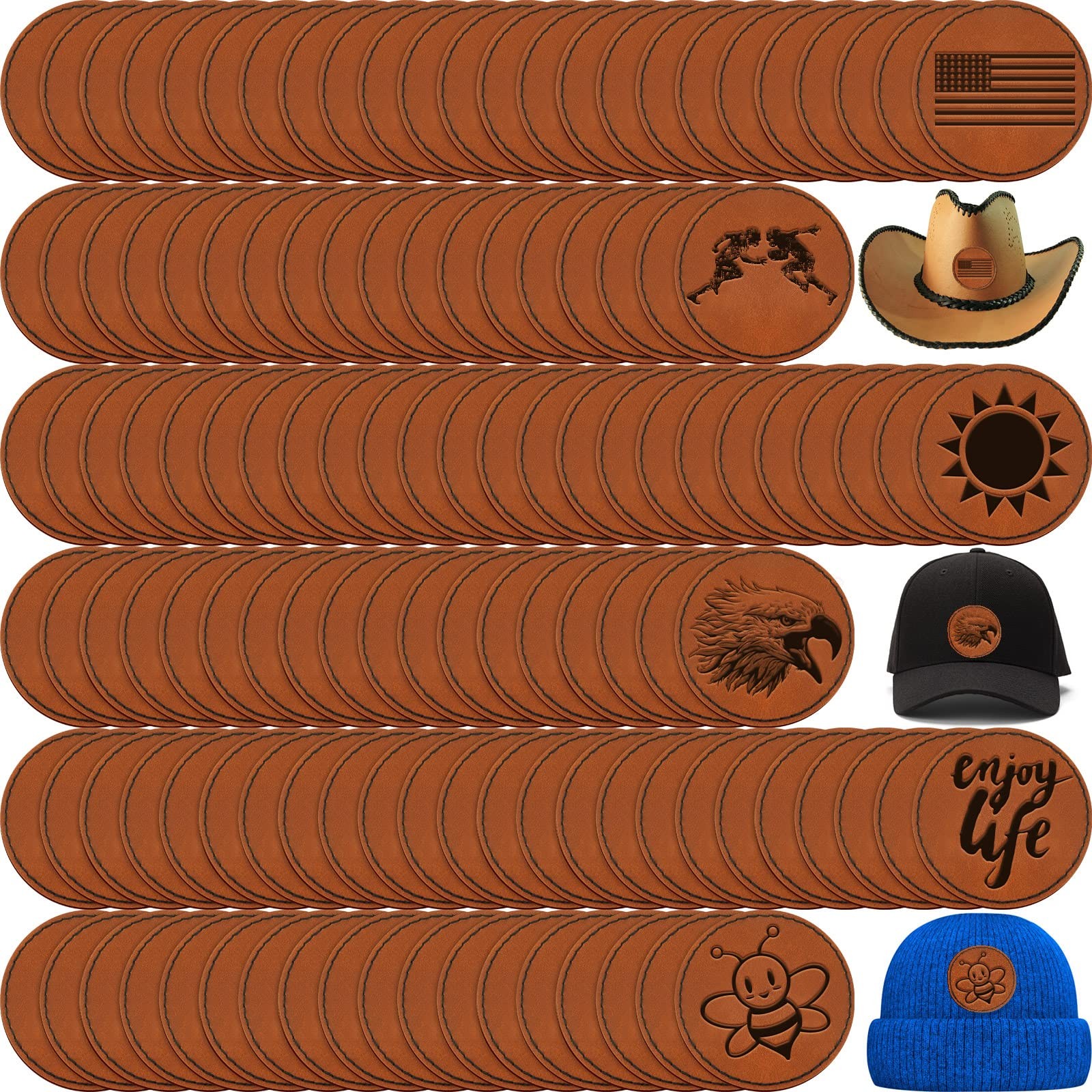 100 Pcs Round Laserable Leatherette Patch Blank Pu Leather 2.5 inches, Brown