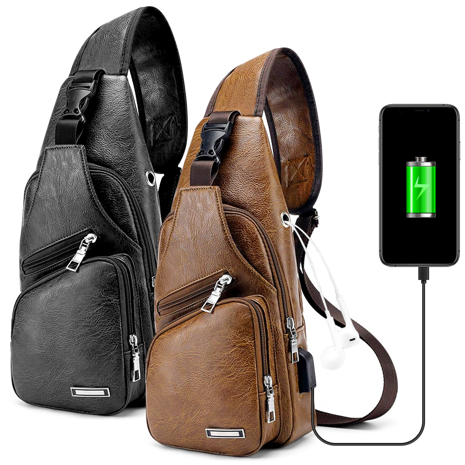 New Men's Leather Chest Bag Crossbody Bag with USB Port Sports Casual Bag Fashio