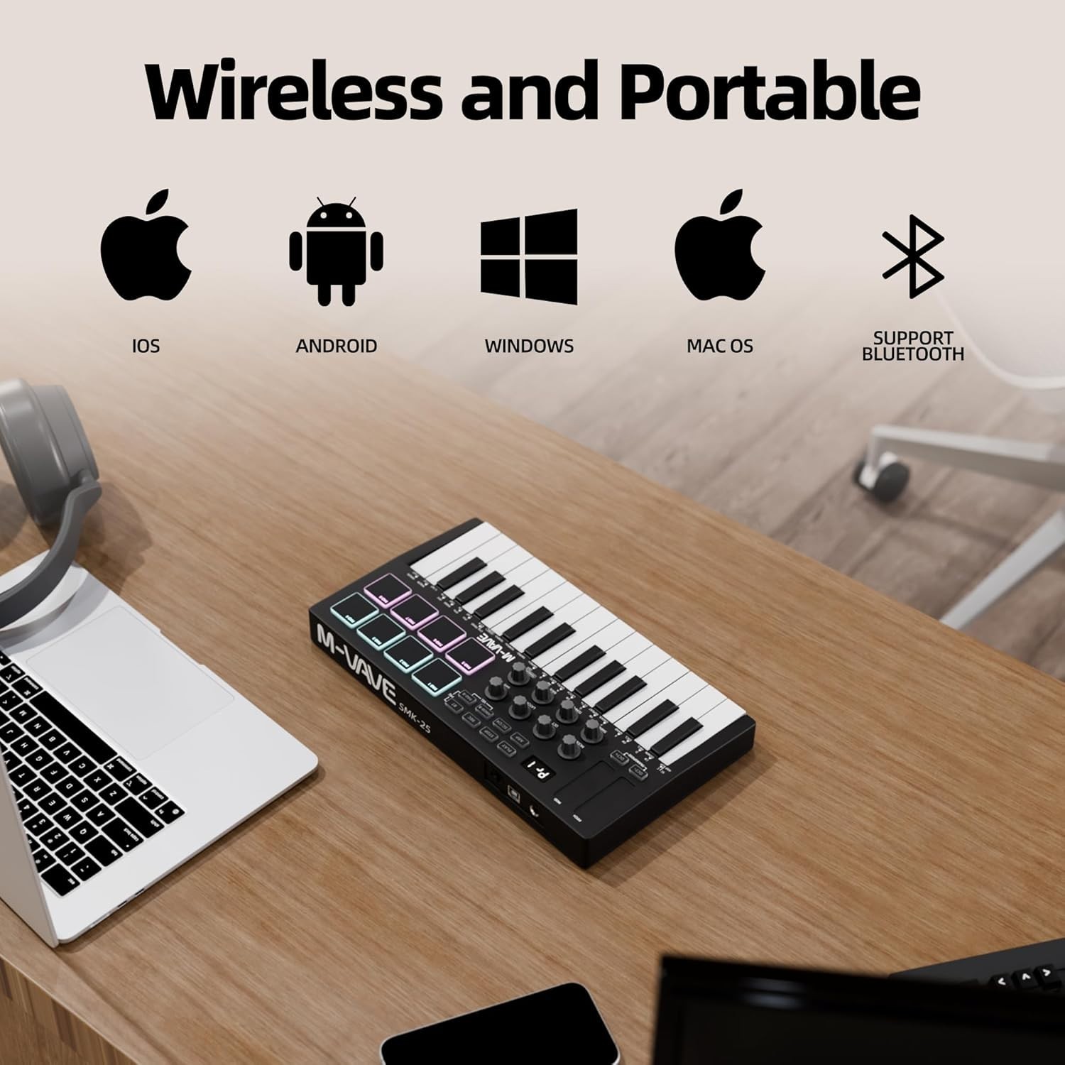 Portable 25-Key MIDI Controller | BT, RGB Pads, Smart Scale | PC, iOS & Android