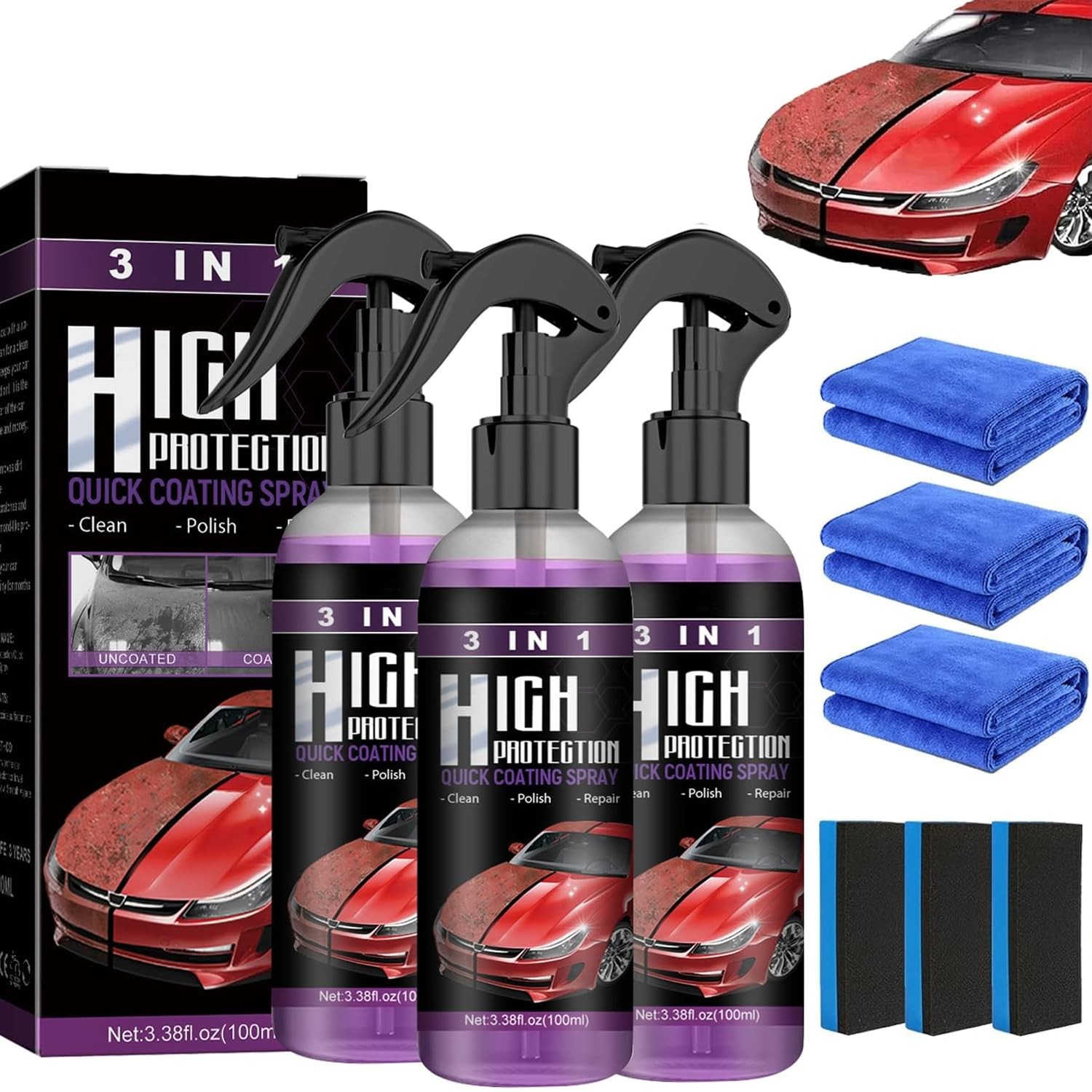 3Pcs Car Coating Spray, High Protection 3 in 1 3 1 Protection...