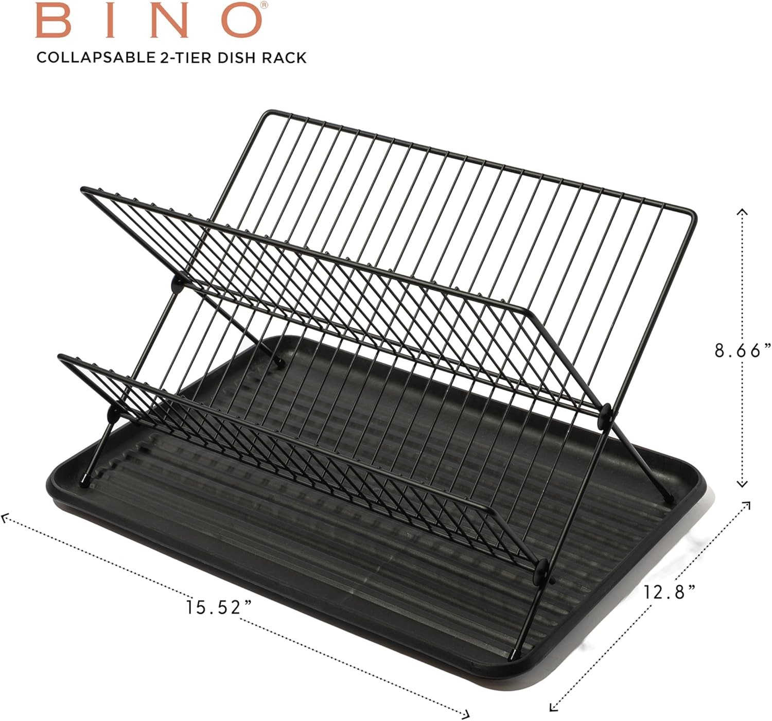 2-Tier Collapsible Dish Rack with Tray - Matte Black | Dish Drainer Kitchen
