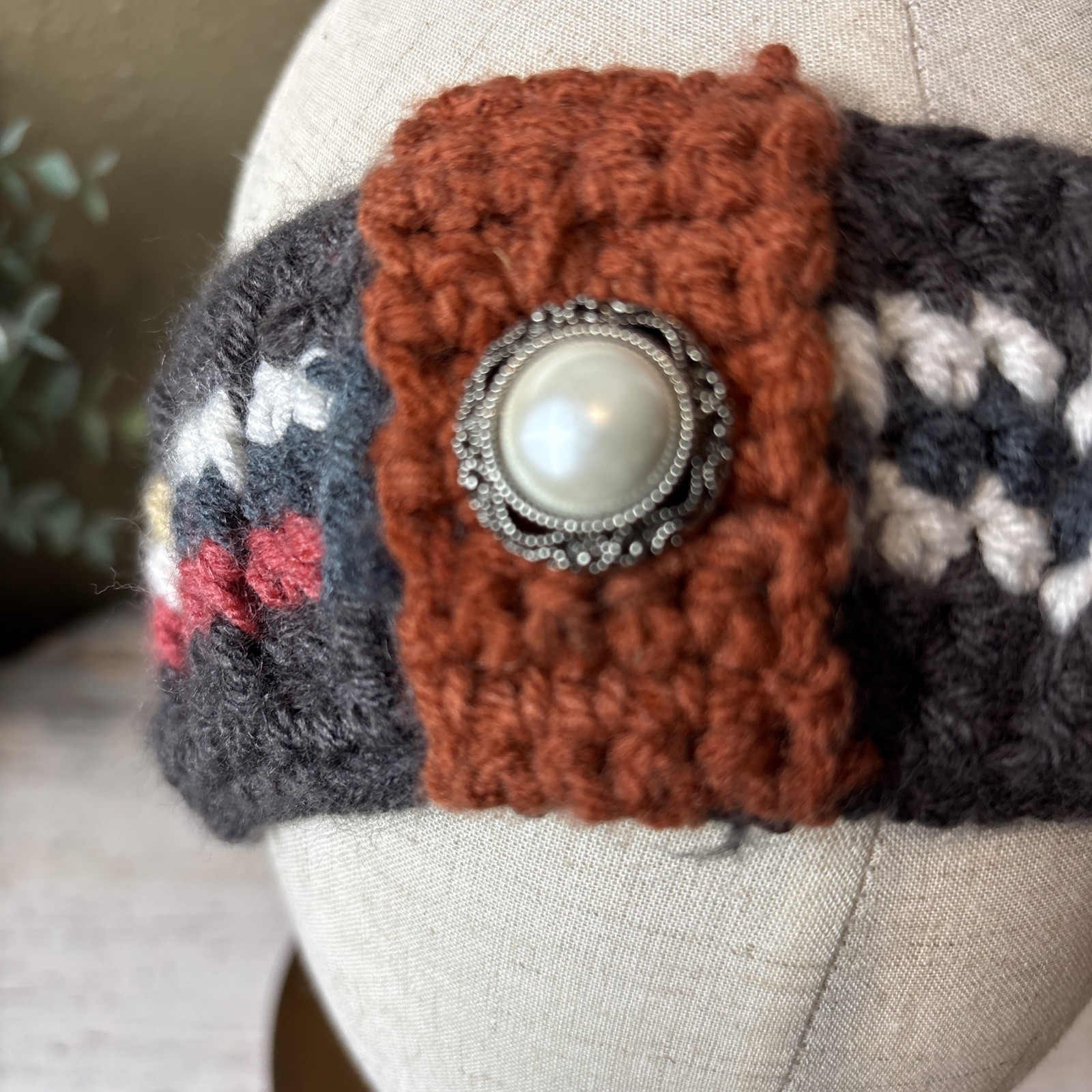 Knitted Handmade Crochet Headband W/button Boho Gray, Rust Multi Colored