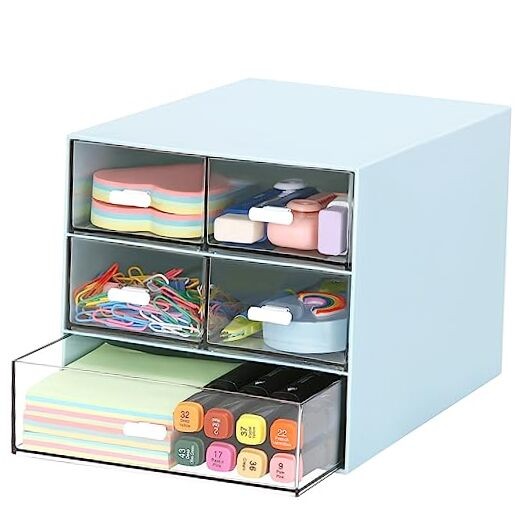 Desk Organizer with 5 Drawers, Rectangular Office Stationery Blue & 5 Drawers