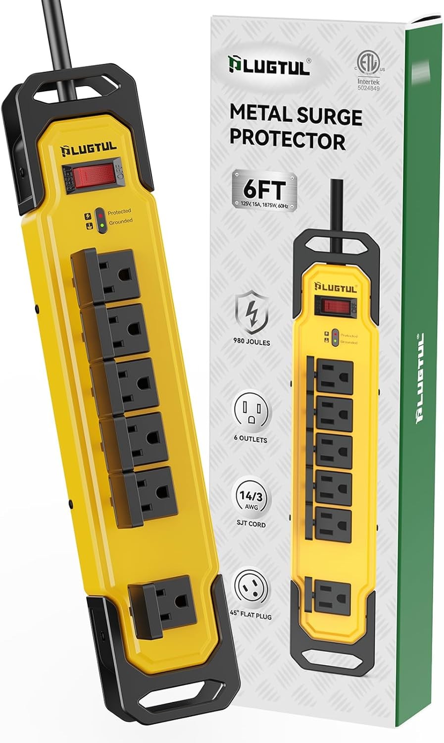 PLUGTUL Heavy Duty Surge Protector with Safety Cover, 15A Metal Power Strip, 6FT