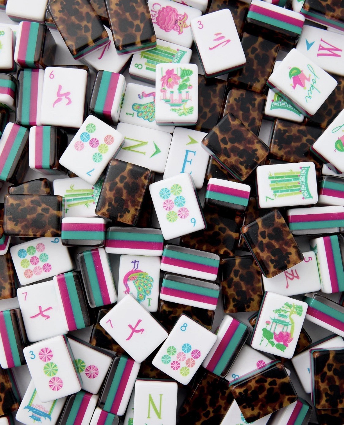 Leopard Back Mahjong Set 160 Tiles Hot Pink Teal Acrylic American