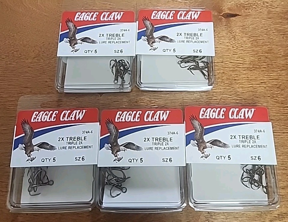 Lot Of 5. EAGLE CLAW Curved Point 2X Treble Hook Bronze #6 5pc 374A-6